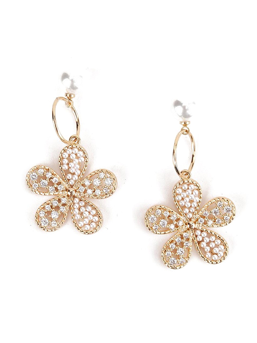 

ODETTE Gold-Plated Floral Stone Studded & Beaded Drop Earrings