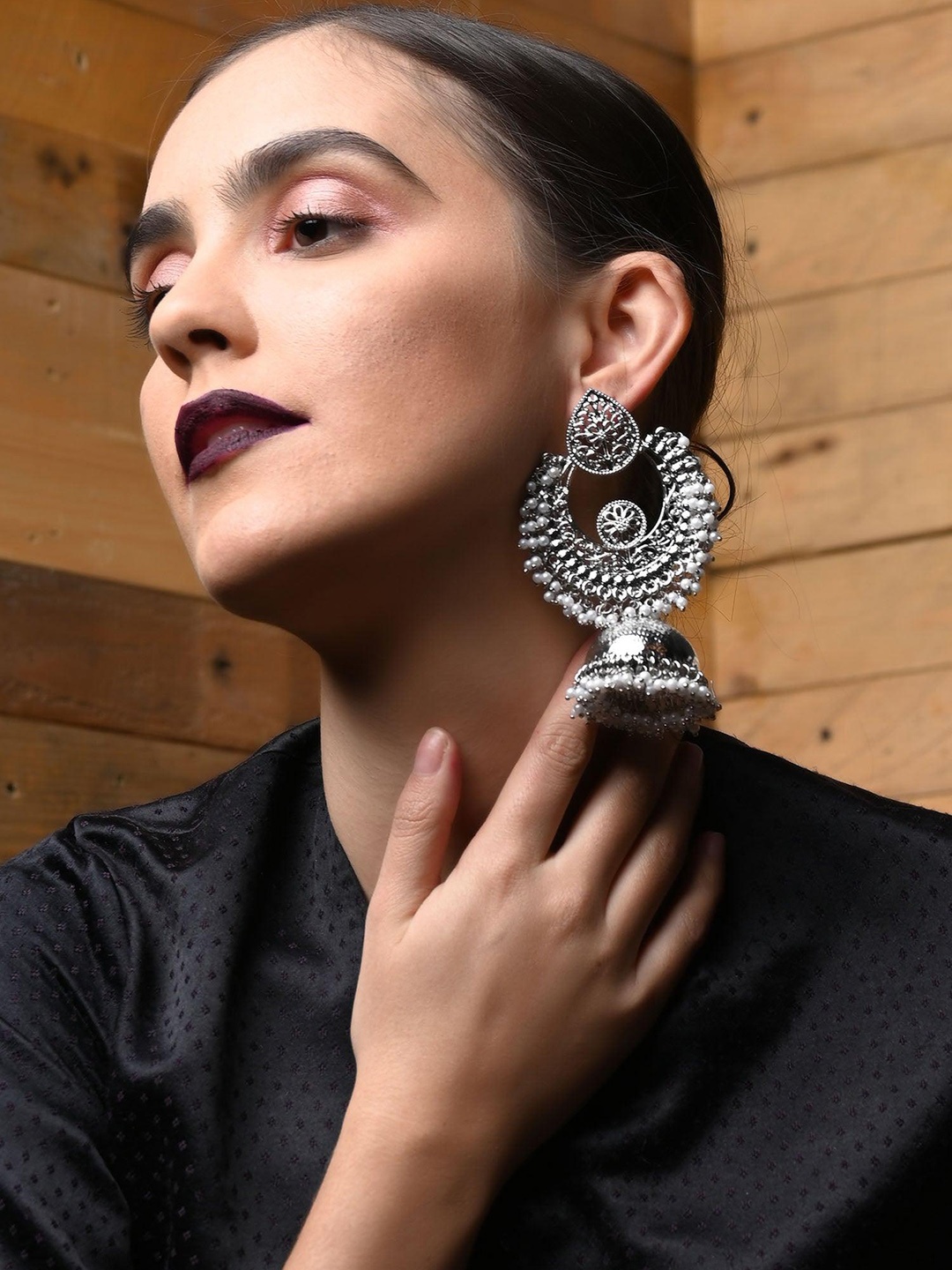 

ODETTE Silver-Plated Dom Shaped Beaded Jhumkas