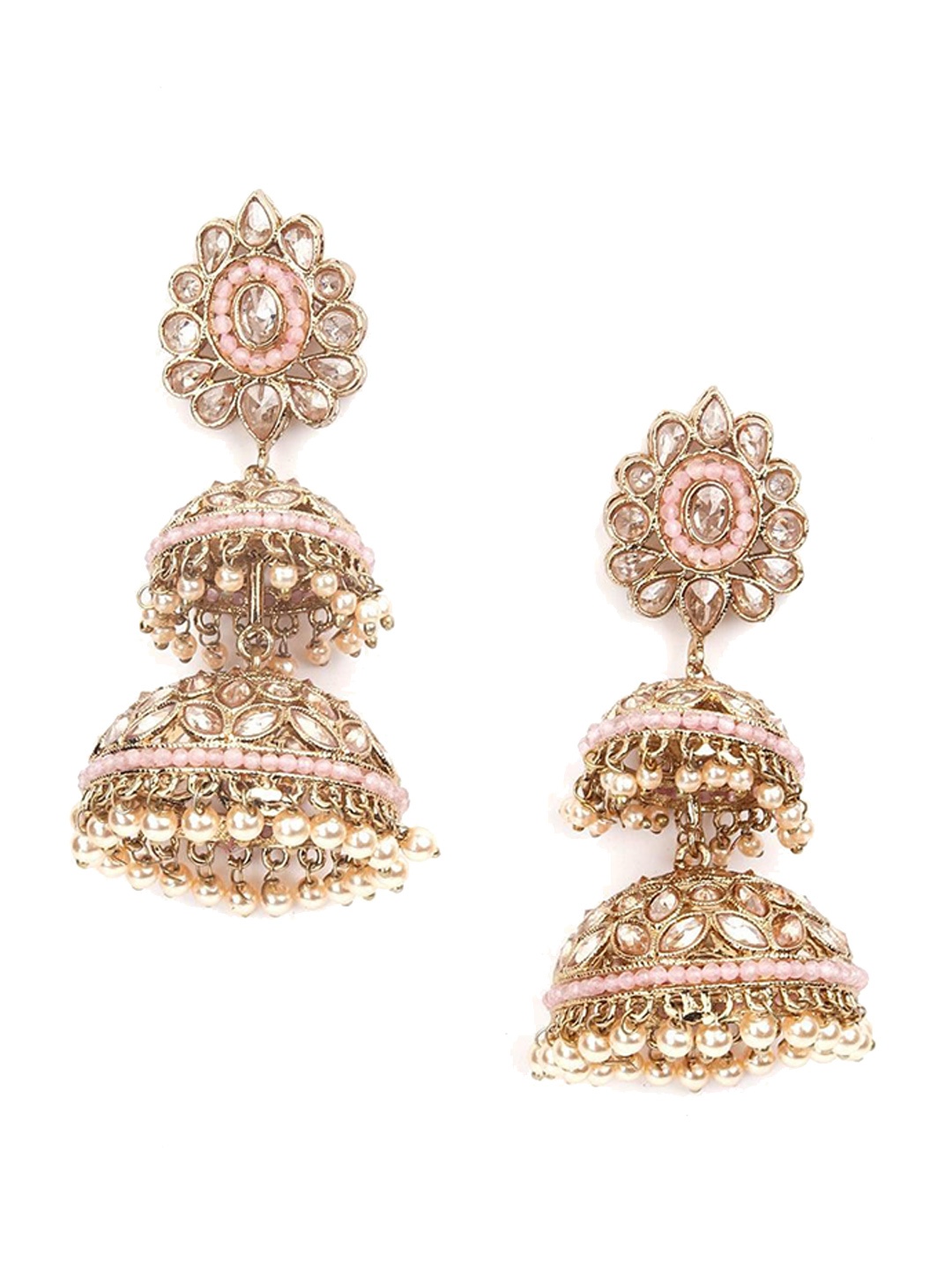 

ODETTE Gold-Plated Stone Studded & Beaded Dome-Shaped Layered Jhumkas