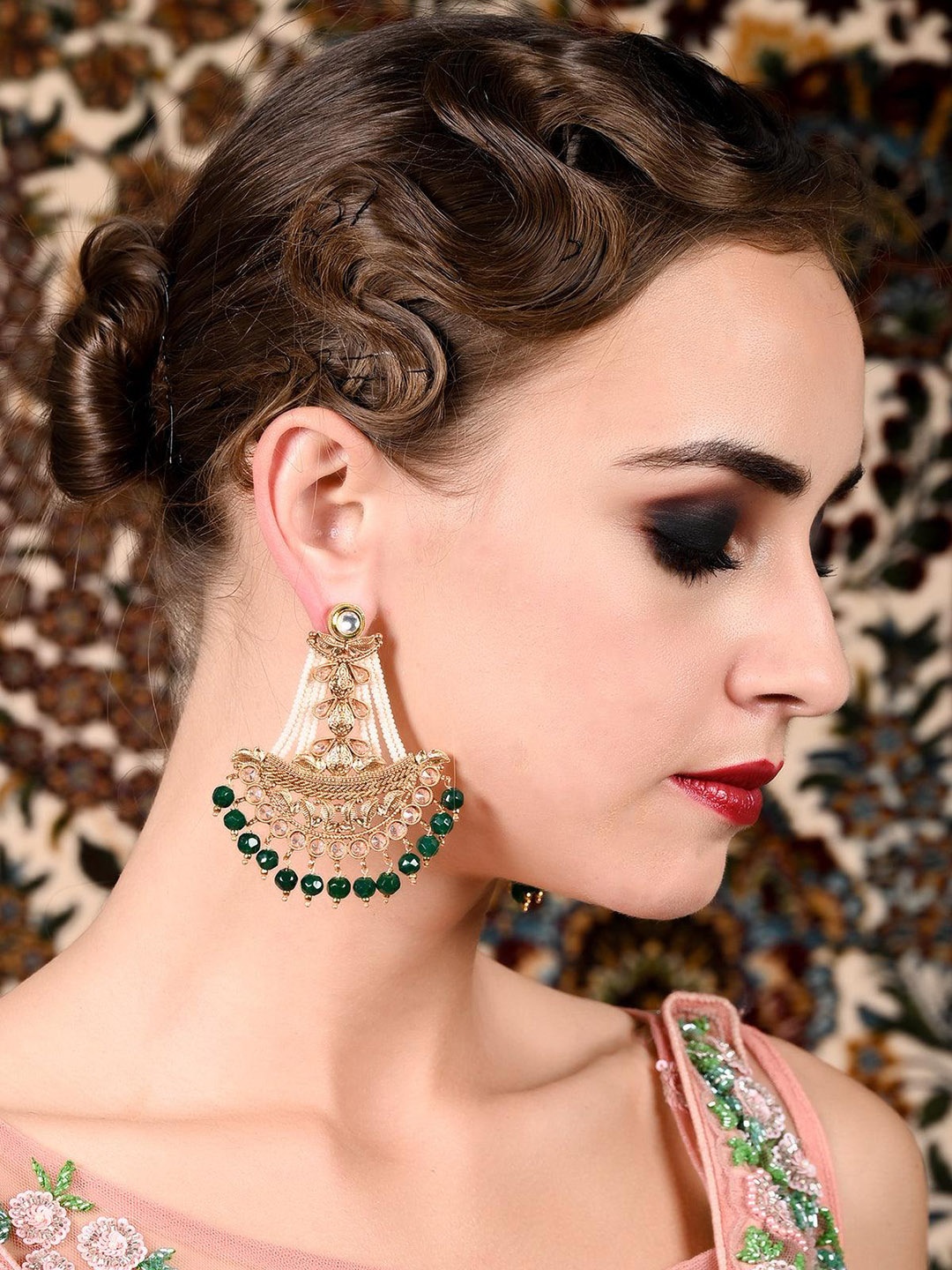 

ODETTE Gold-Plated Beaded & Stone-Studded Classic Chandbalis