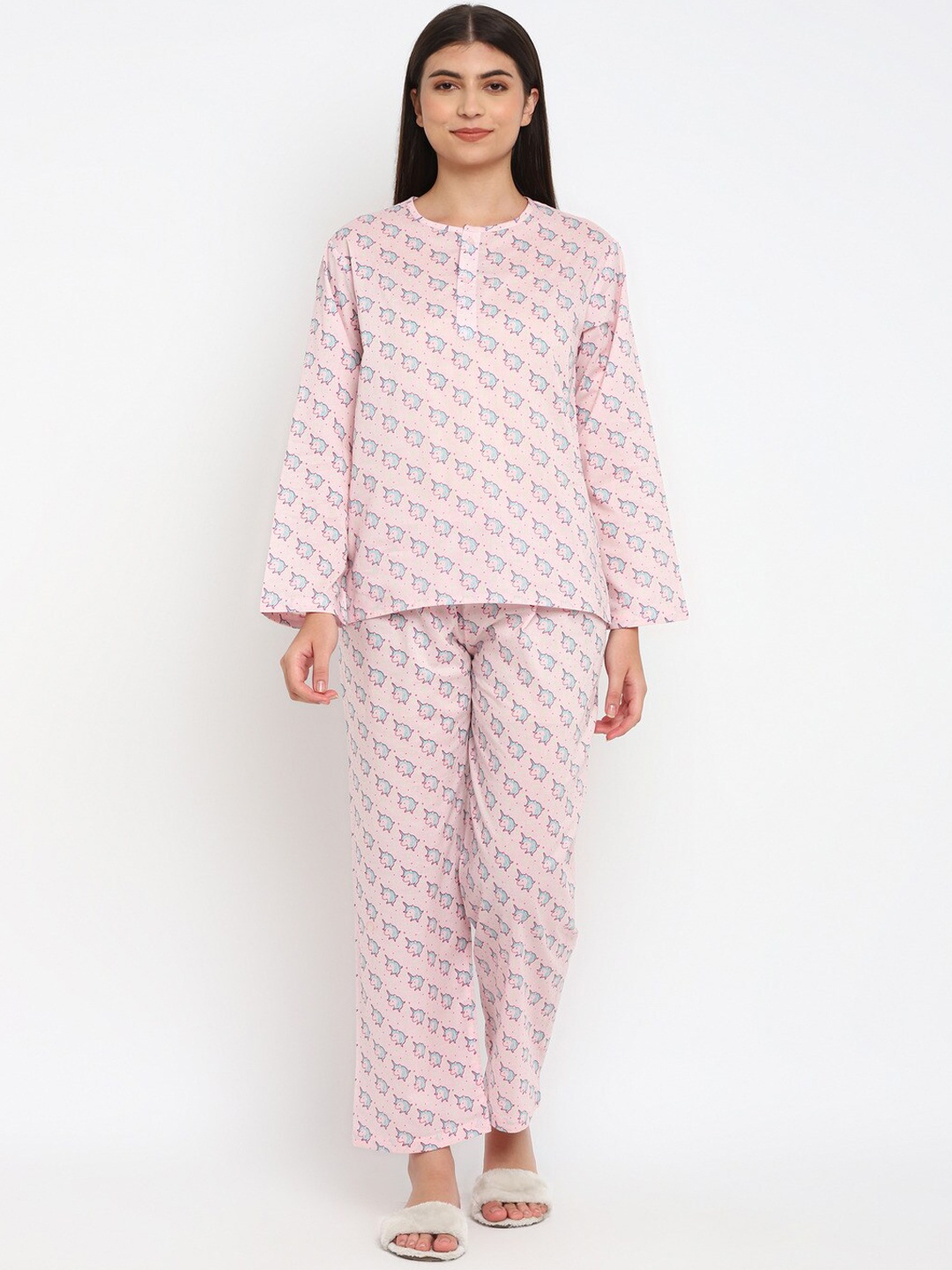 

shopbloom Conversational Printed Pure Cotton Night suit, Pink