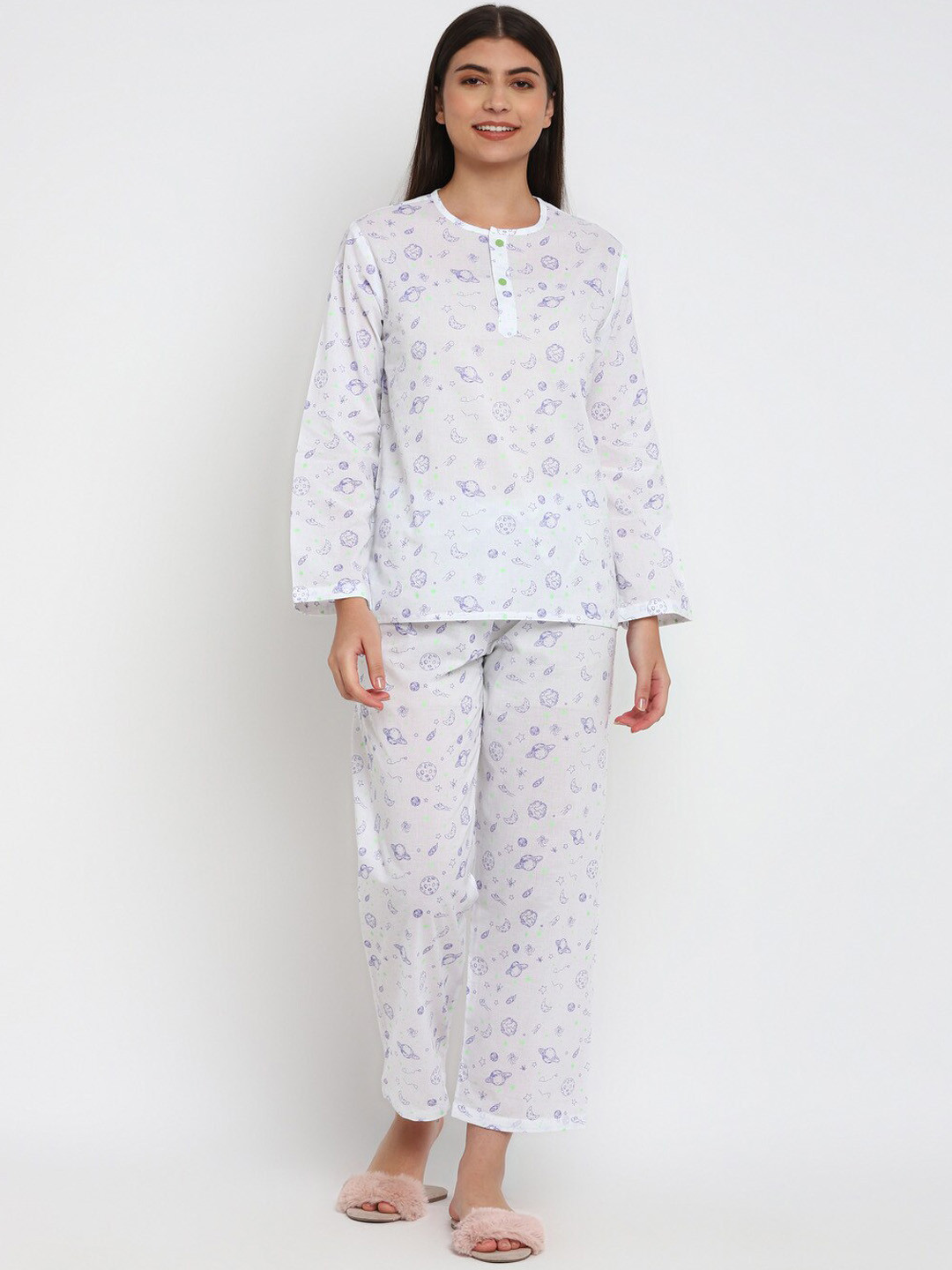 

shopbloom Conversational Printed Pure Cotton Night suit, White