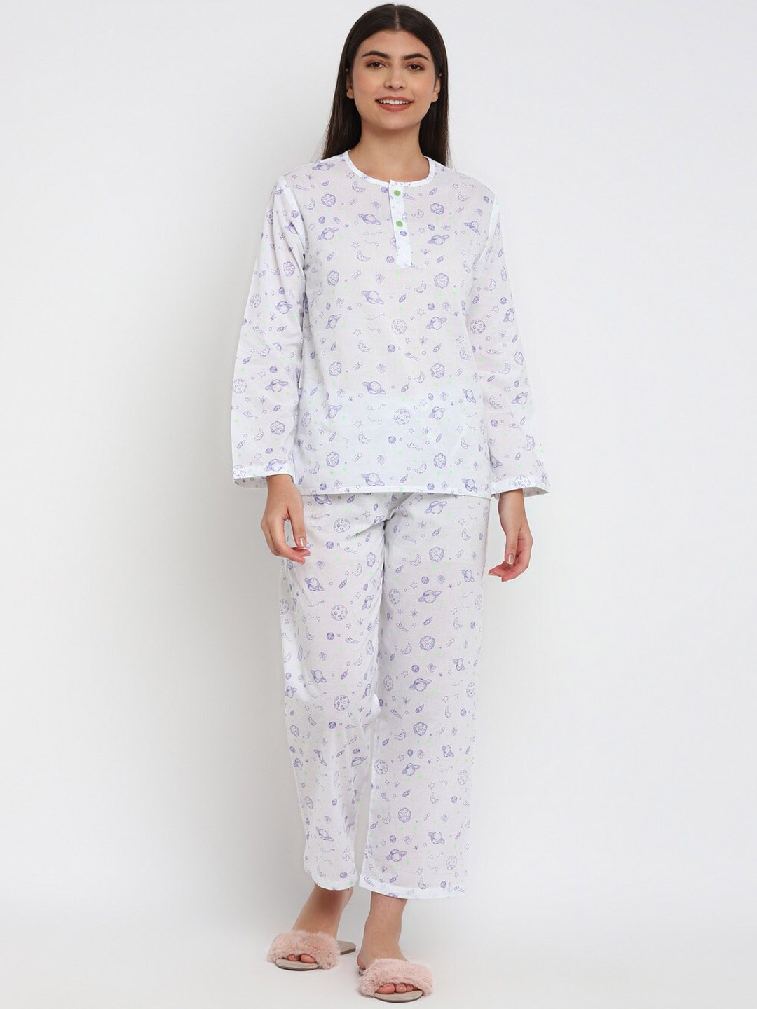 

shopbloom Conversational Printed Pure Cotton Night suit, White