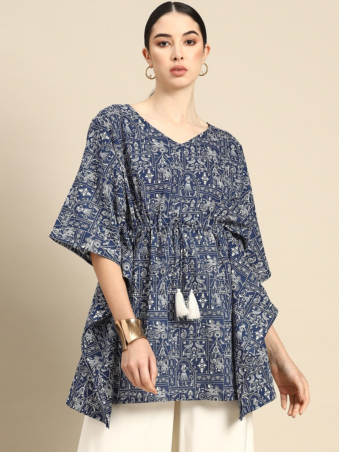 

Nayo Ethnic Motifs Printed Cotton Kaftan Tunic, Navy blue