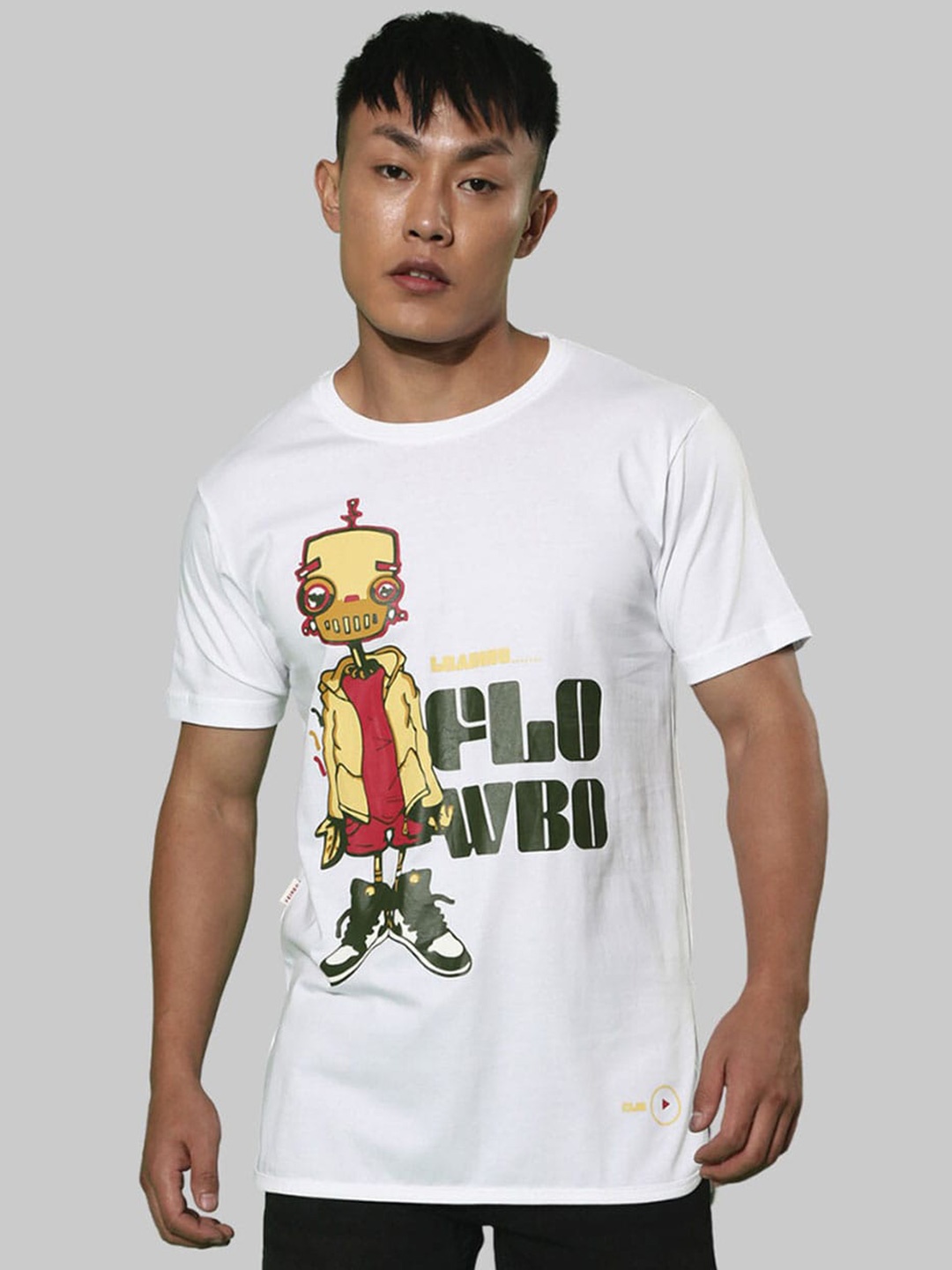 

VEIRDO White & Yellow Graphic Printed Bio Finish Pure Cotton T-shirt