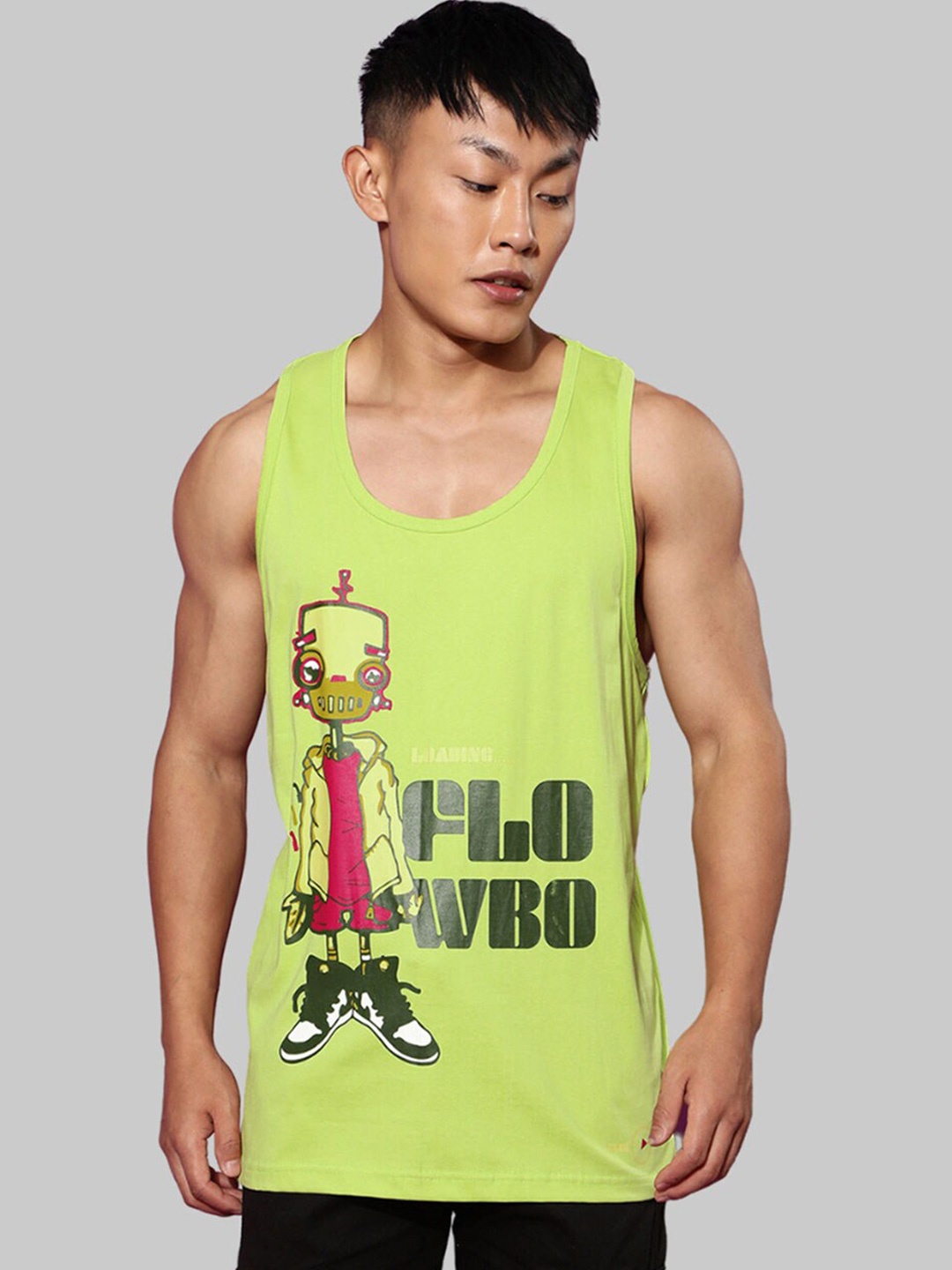 

VEIRDO Lime Green & Red Graphic Printed Sleeveless Bio Finish Pure Cotton T-shirt