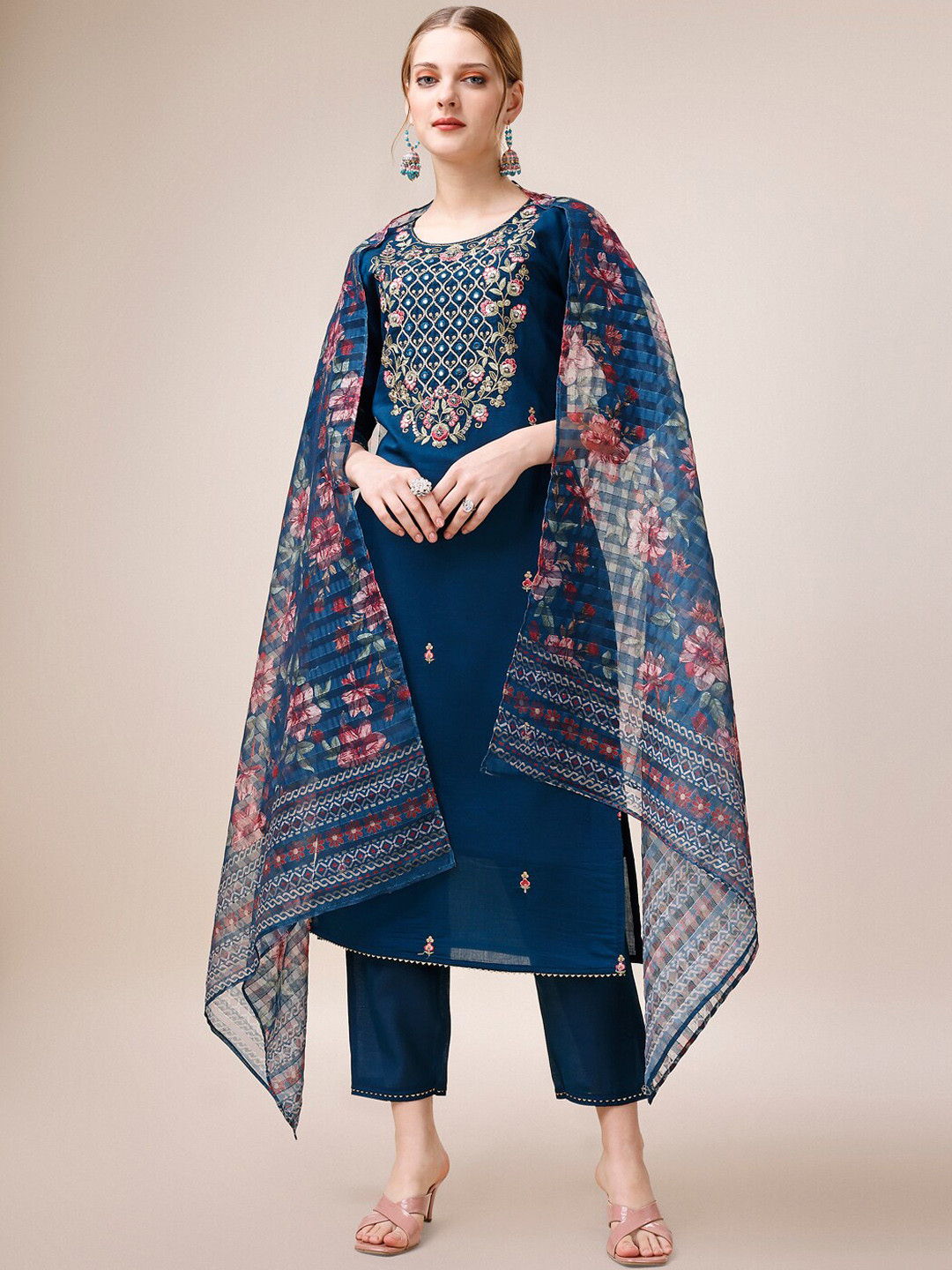 

Berrylicious Yoke Design Embroidered Chanderi Cotton Kurta with Trousers & With Dupatta, Navy blue