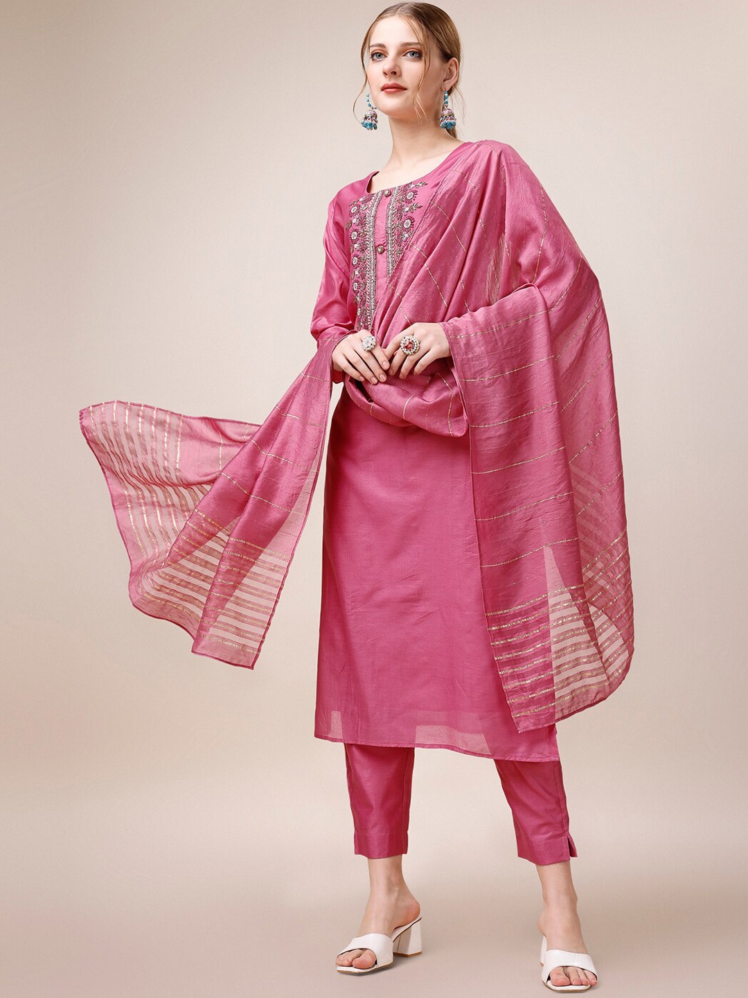 

Berrylicious Yoke Design Embroidered Chanderi Cotton Kurta with Trousers & With Dupatta, Pink