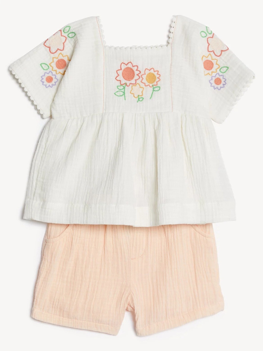 

Marks & Spencer Girls Embroidered Pure Cotton Top with Shorts, White