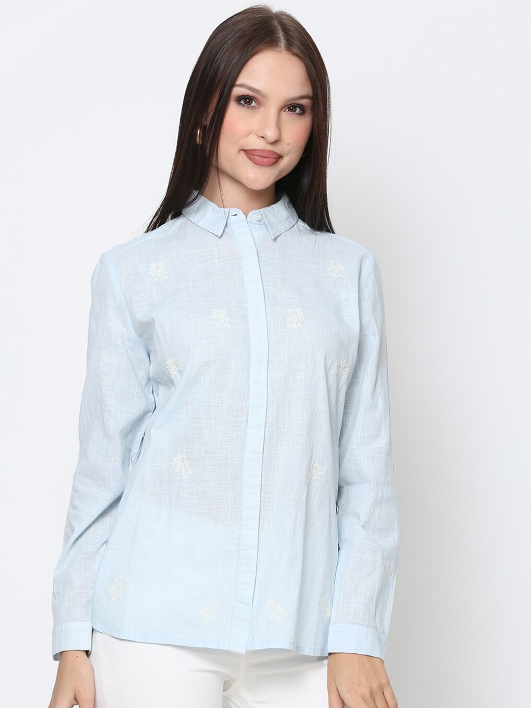 

DRIRO Floral Embroidered Pure Cotton Shirt Style Top, Blue