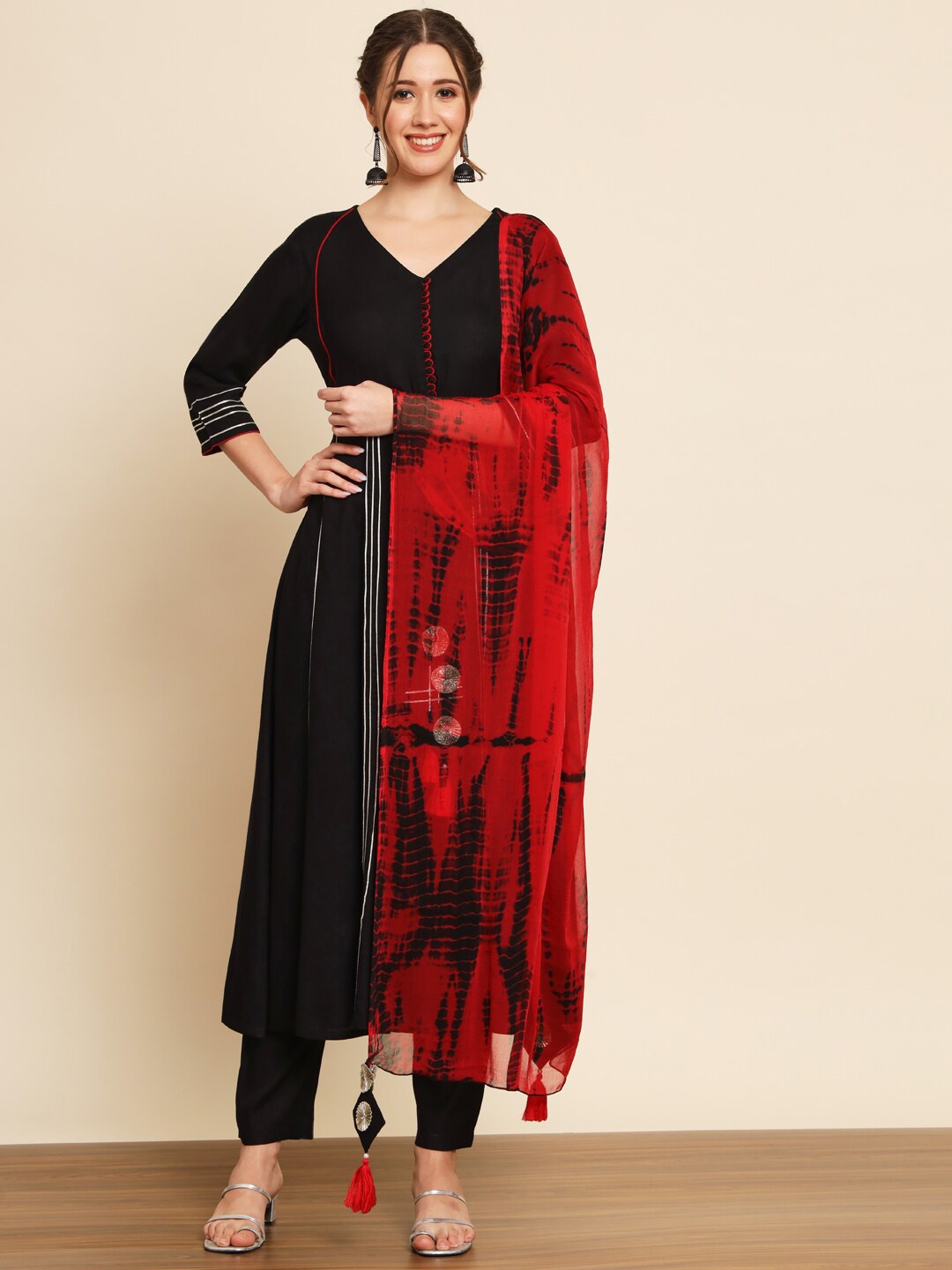 

Meeranshi Striped V-Neck Empire Kurta with Trousers & With Dupatta, Black