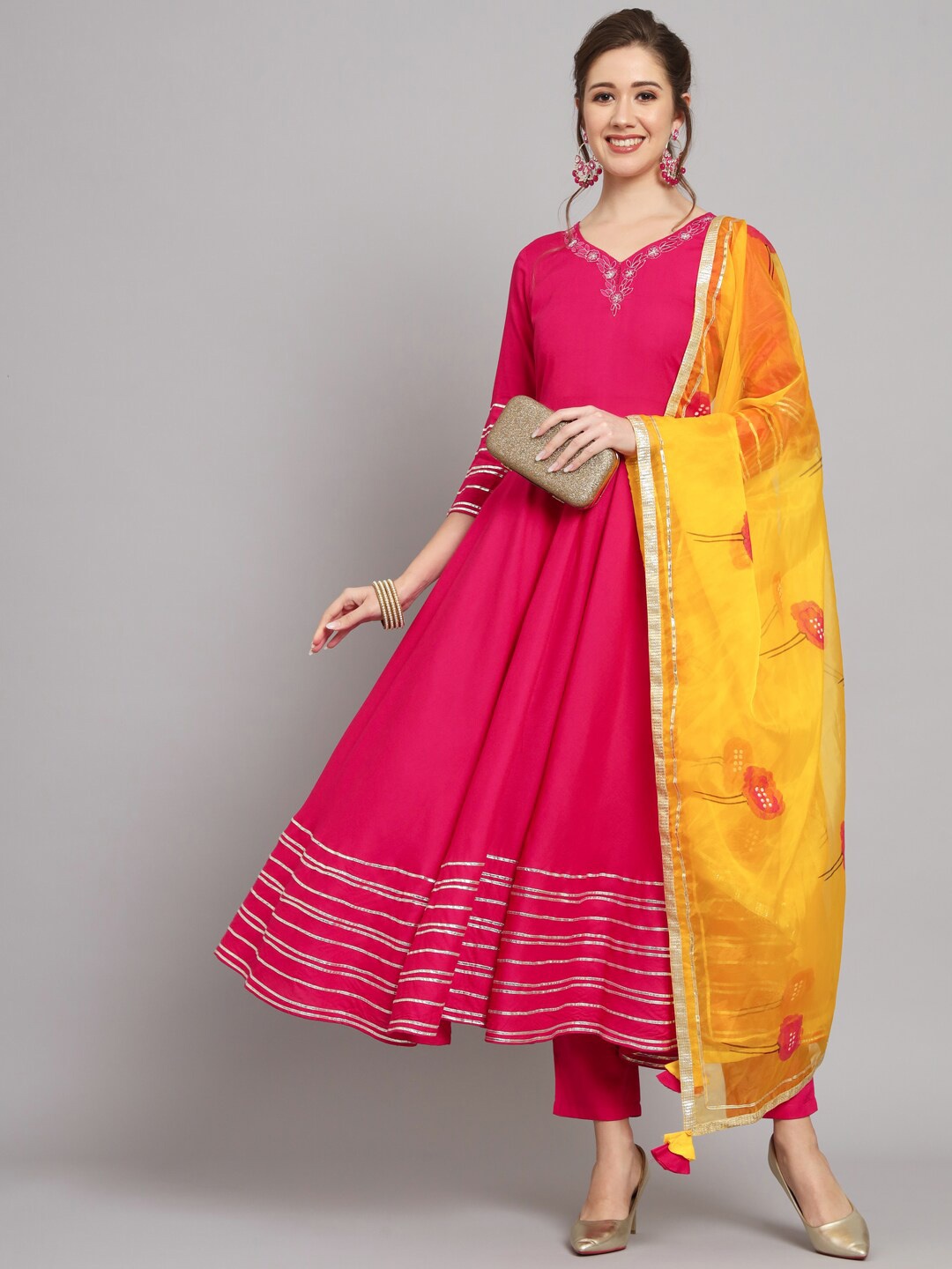 

Meeranshi Yoke Design Empire Gotta Patti Kurta with Trousers & With Dupatta, Pink