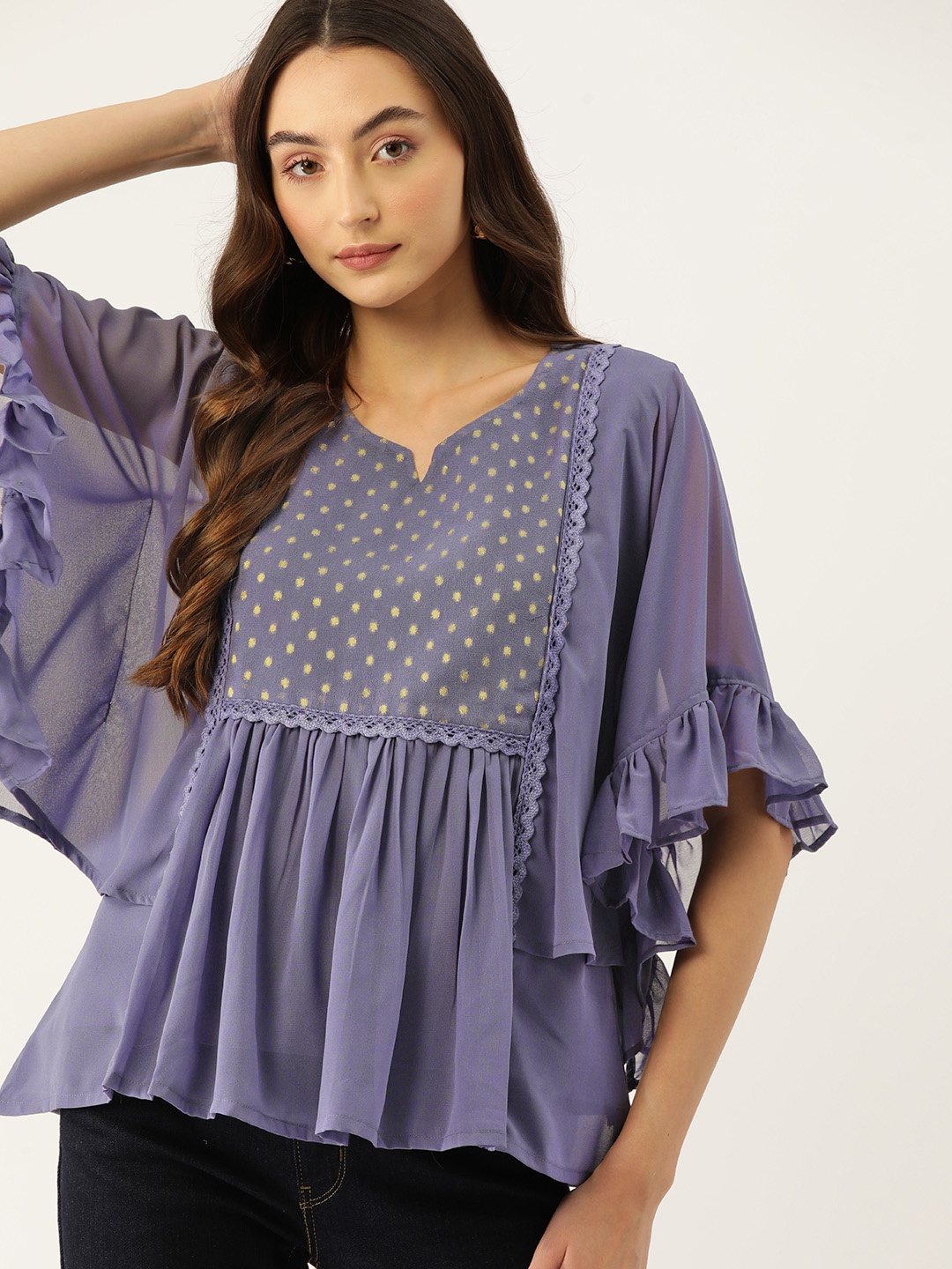 

DressBerry Embellished Flared Sleeves Georgette Kaftan Top with Laced Detail, Violet