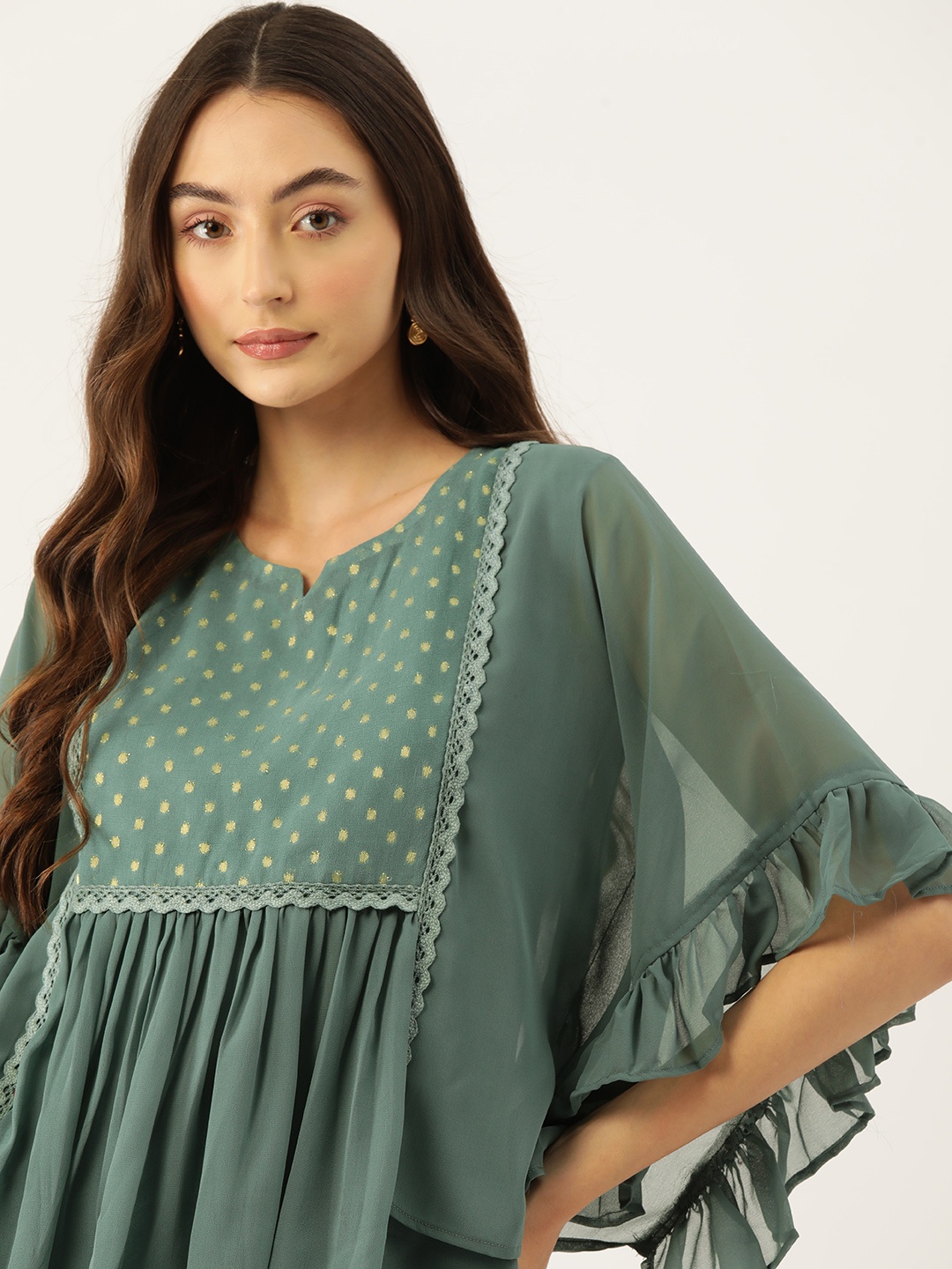 

DressBerry Embellished Flared Sleeves Georgette Kaftan Top with Laced Detail, Green