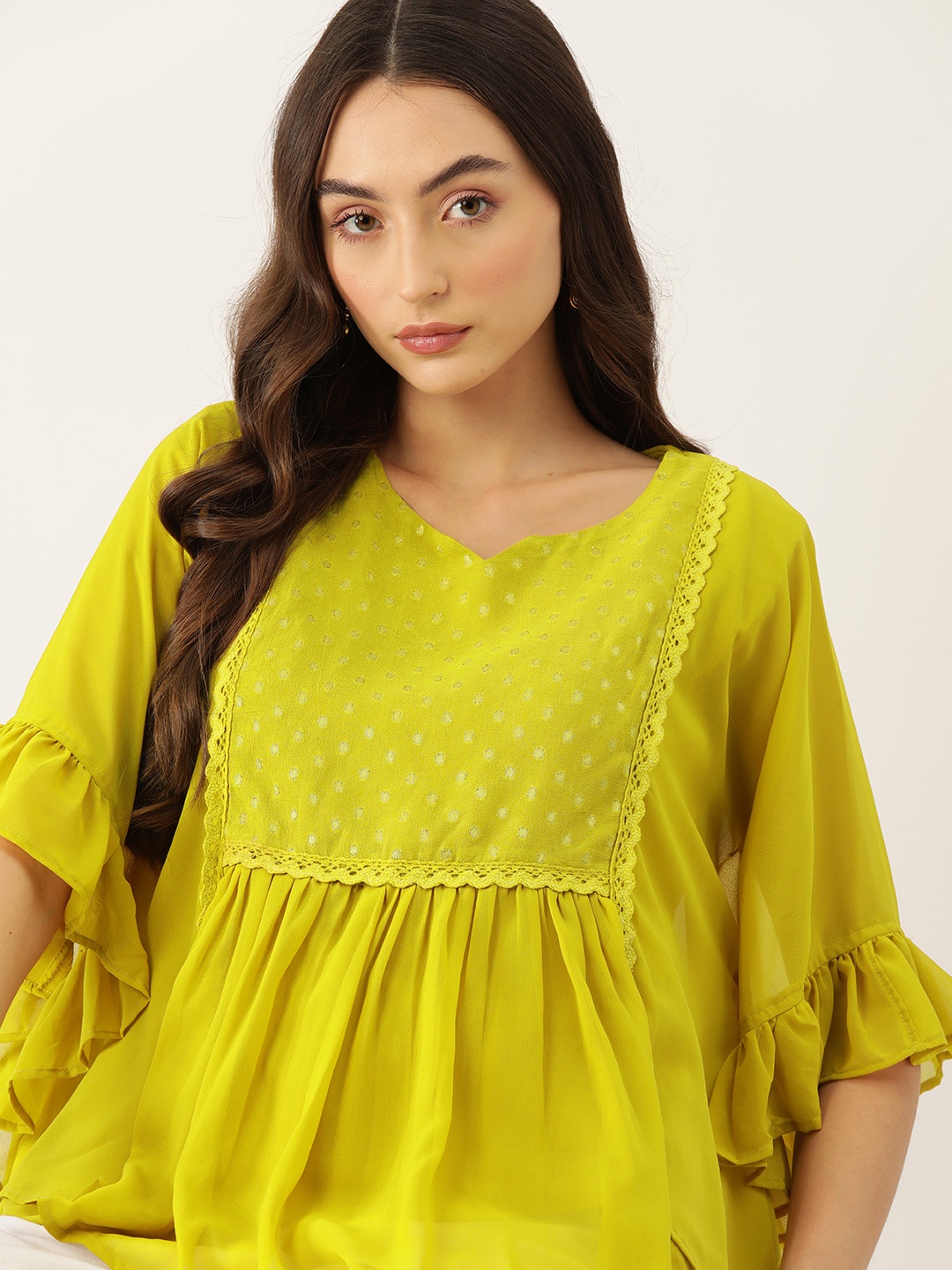 

DressBerry Embellished Flared Sleeves Georgette Kaftan Top with Laced Detail, Yellow