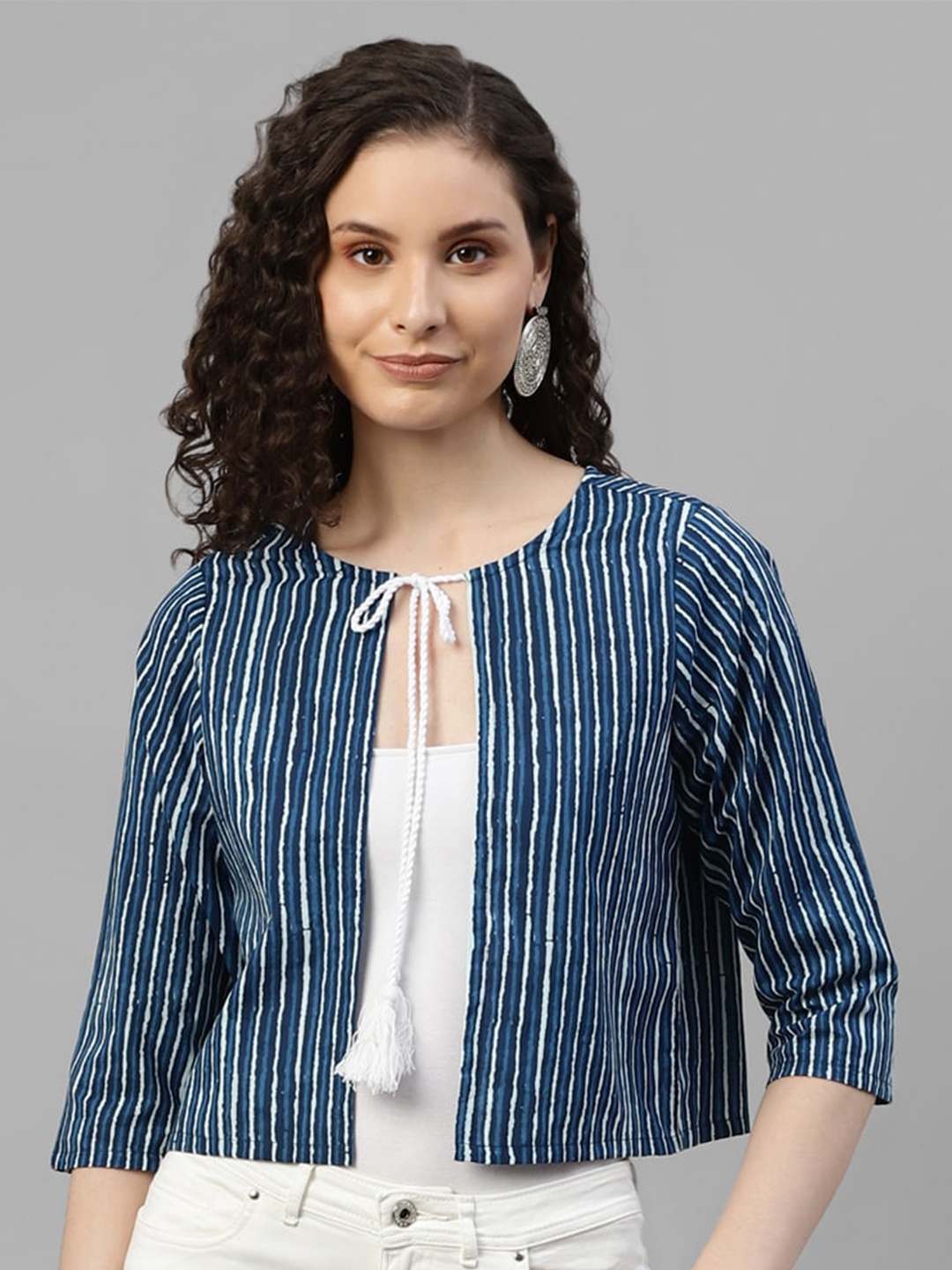 

DEEBACO Striped Tasselled Crop Cotton Tie-Up Shrug, Navy blue