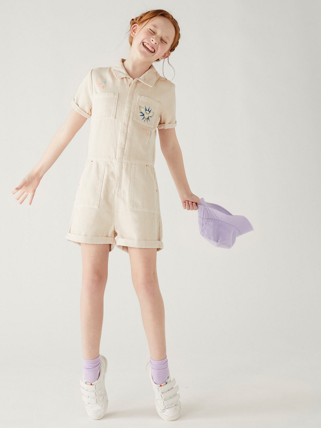 

Marks & Spencer Girls Shirt Collar Playsuit, Beige