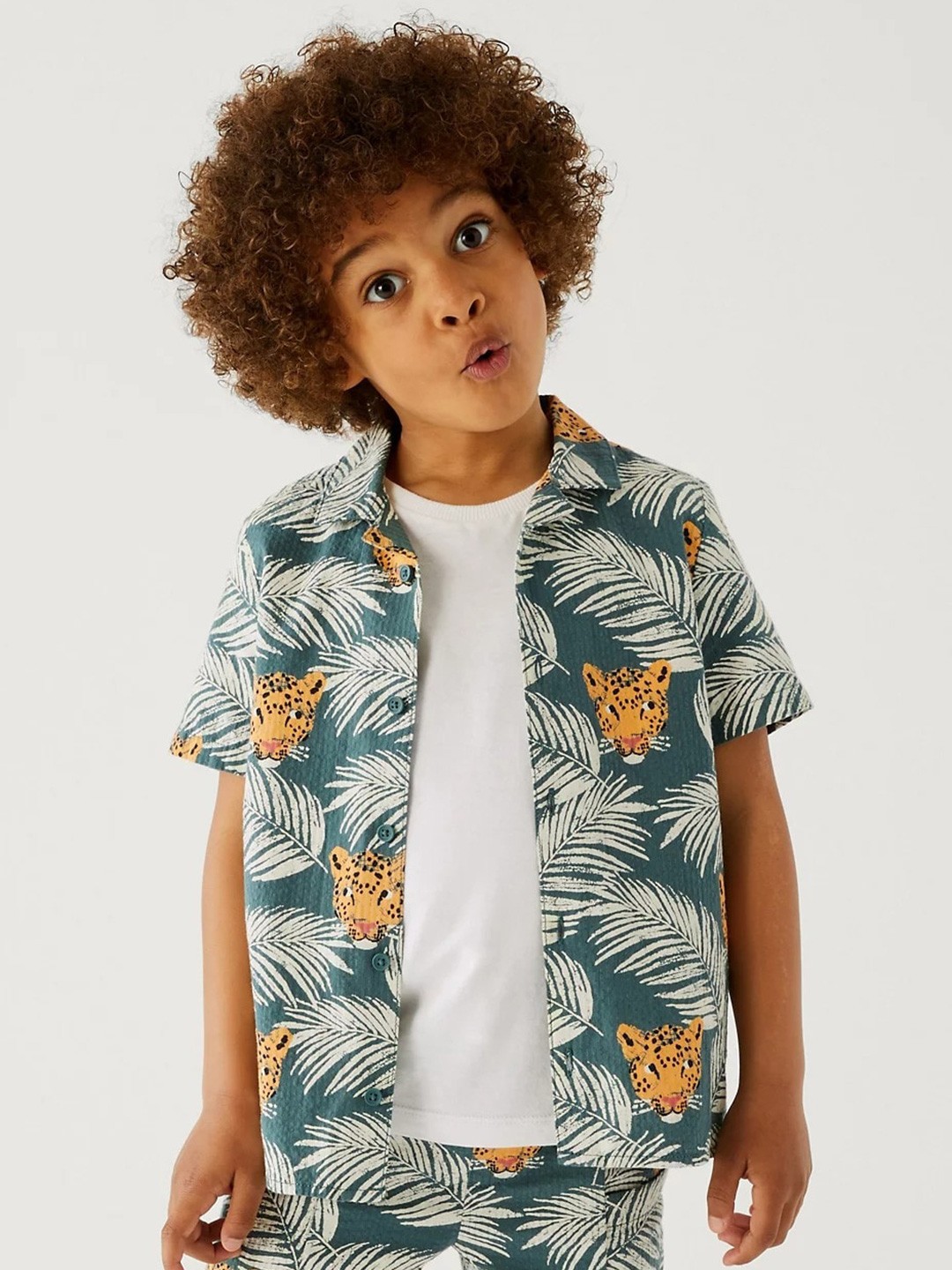 

Marks & Spencer Boys Tropical Printed Pure Cotton Casual Shirt, Green
