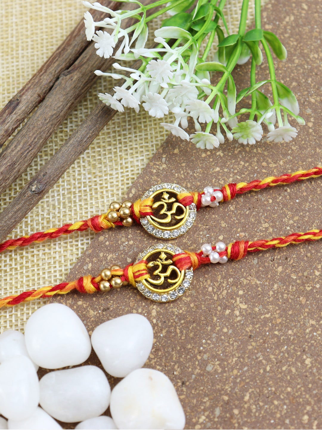 

Asthetika Set Of 2 Stone-Studded & Beaded Thread Rakhis, Gold