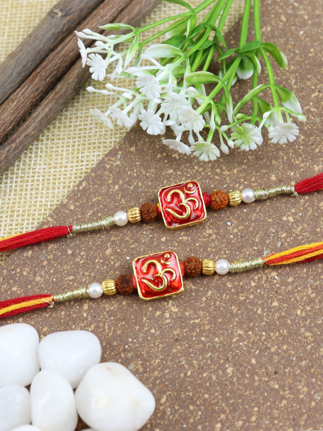 

Asthetika Men Set of 2 OM Charm BeadedRakhis, Red