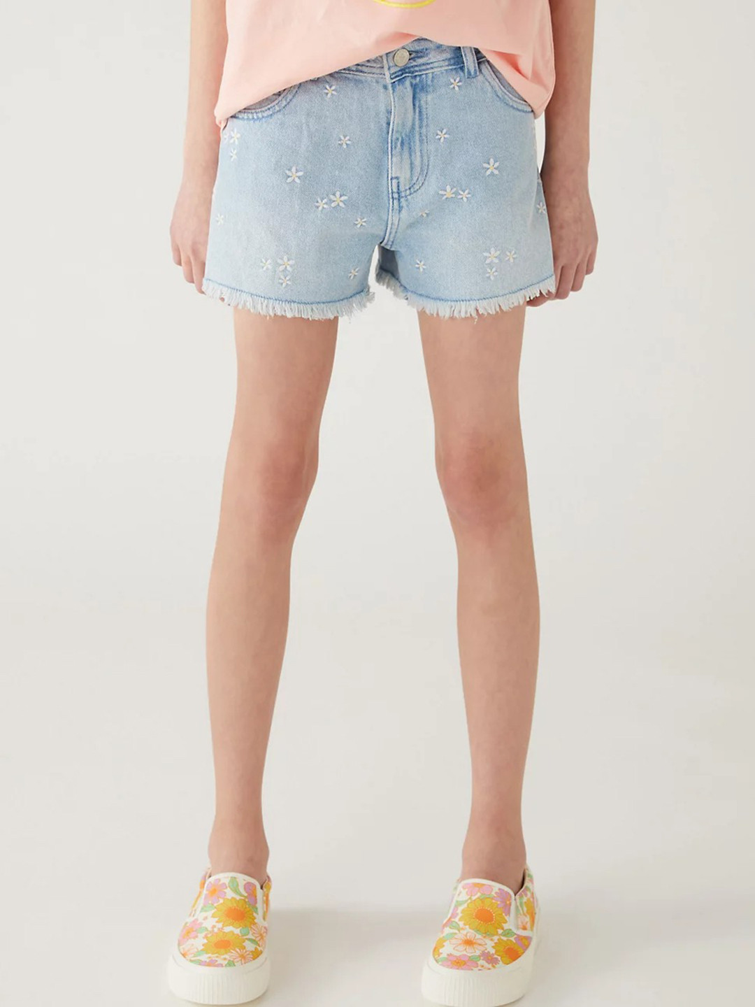

Marks & Spencer Girls Self Design Embroidered High-Rise Pure Cotton Denim Shorts, Blue