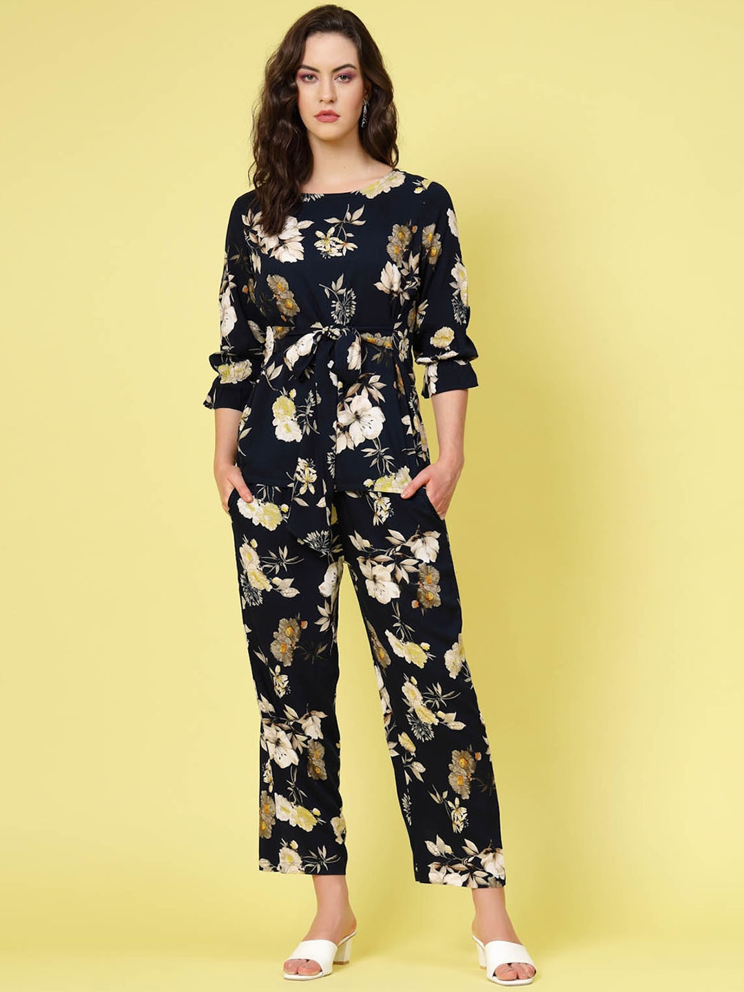 

plusS Black & Beige Floral Printed Top With Trouser