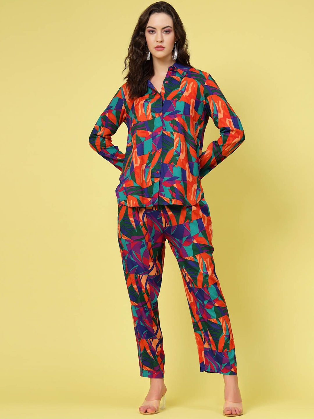 

plusS Orange & Blue Abstract Printed Long Sleeves Shirt & Trouser