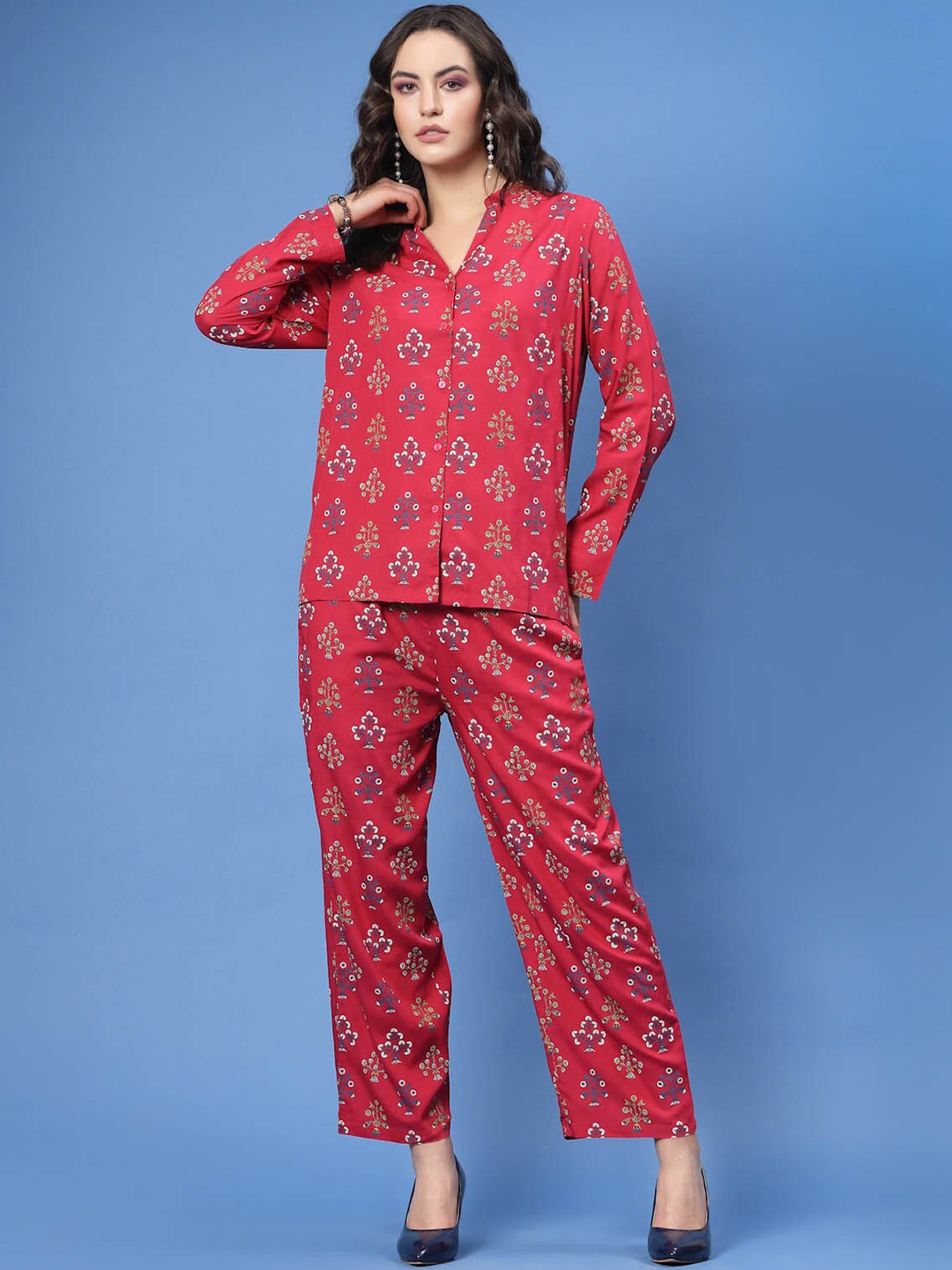 

plusS Ethnic Motifs Printed Mandarin Collar Shirt & Trouser, Red