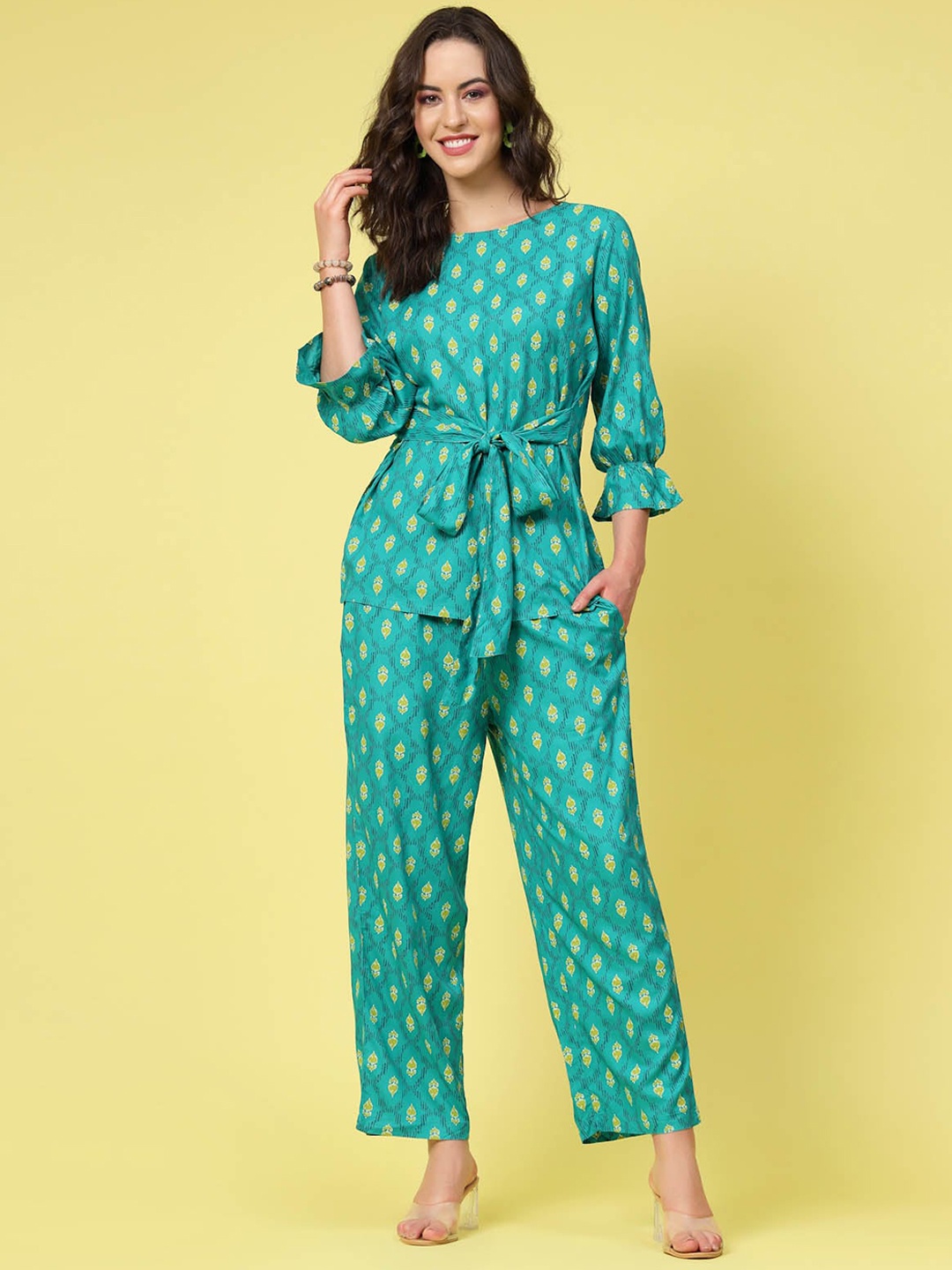 

plusS Ethnic Printed Top With Trousers, Green