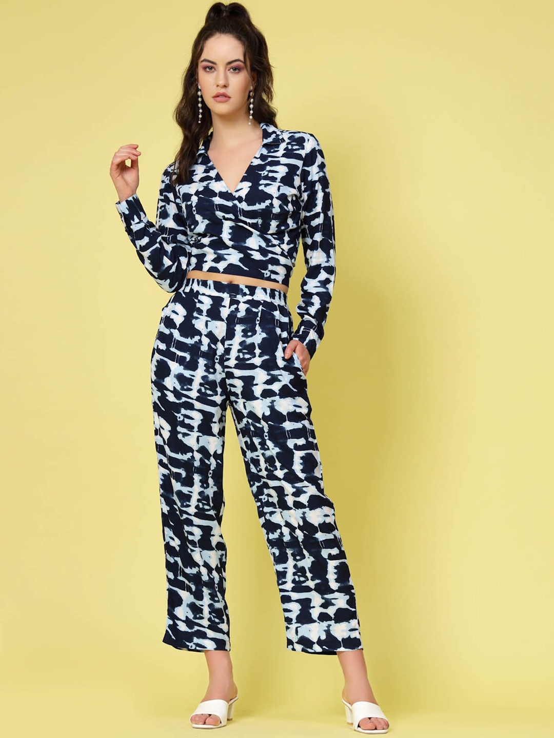

plusS Women Tie & Dyed Crop Top With Trouser, Navy blue