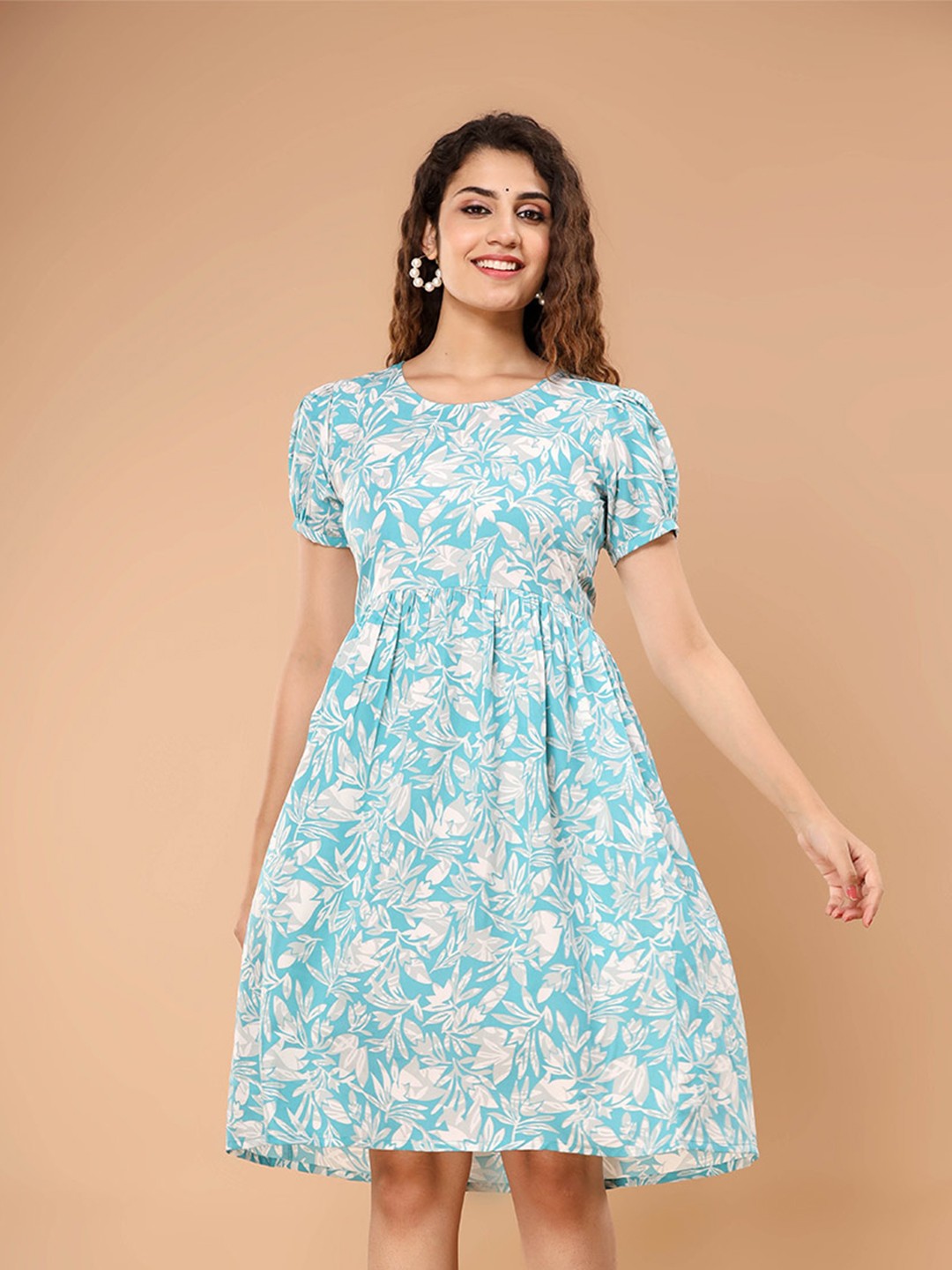 

Fab Star Floral Printed Puff Sleeves Gathered Fit & Flare Dress, Blue