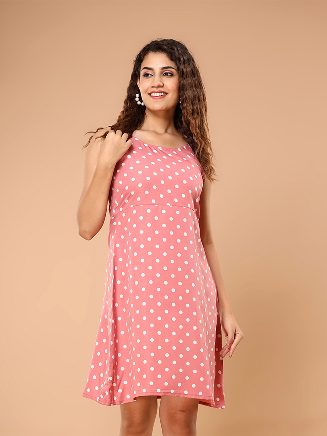 

Fab Star Polka Dot Printed Shoulder Strap A-Line Dress, Pink