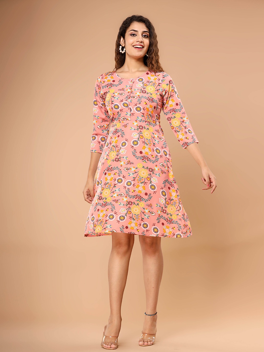 

Fab Star Floral Printed Fit & Flare Dress, Pink