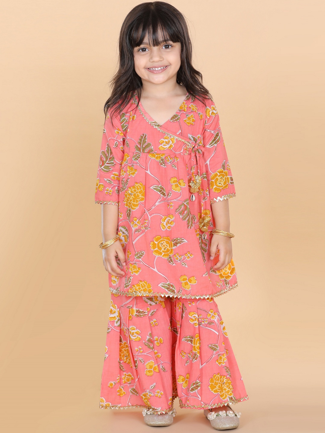 

Aj DEZInES Girls Floral Printed Angrakha Gotta Patti Pure Cotton Kurta with Sharara, Peach
