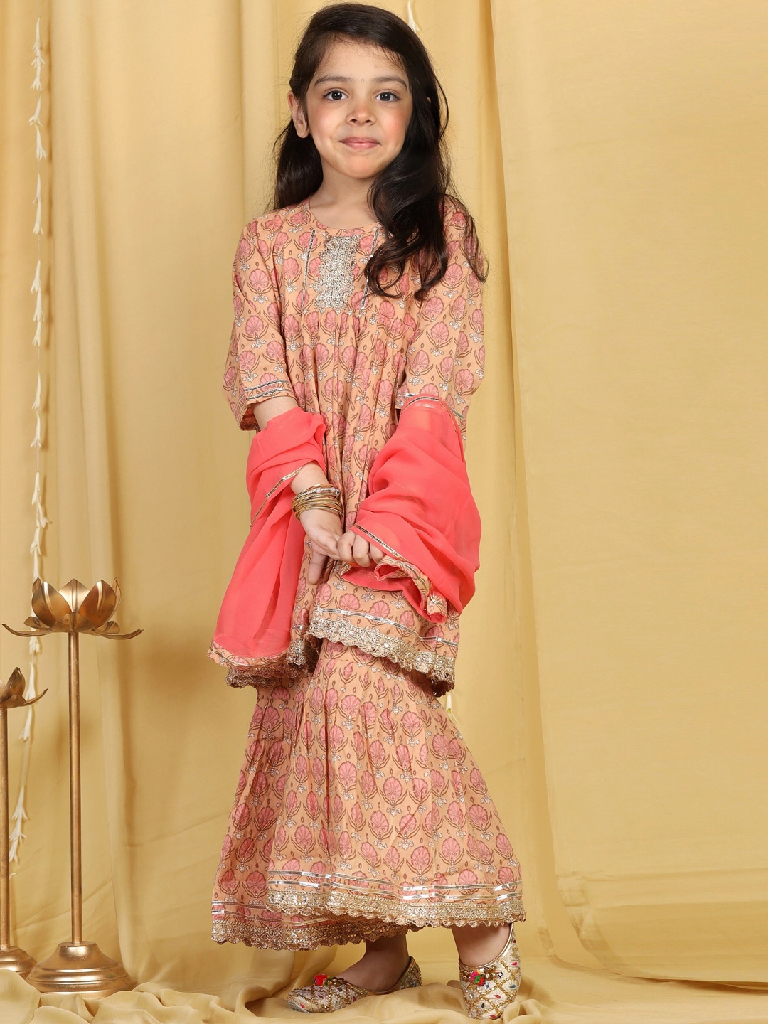 

Aj DEZInES Girls Printed Pure Cotton Empire Gotta Patti Kurta With Sharara & Dupatta, Peach