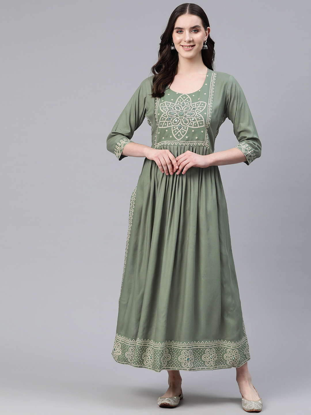 

Readiprint Fashions Bandhani Printed High Slit Mirror Work Kurta, Olive