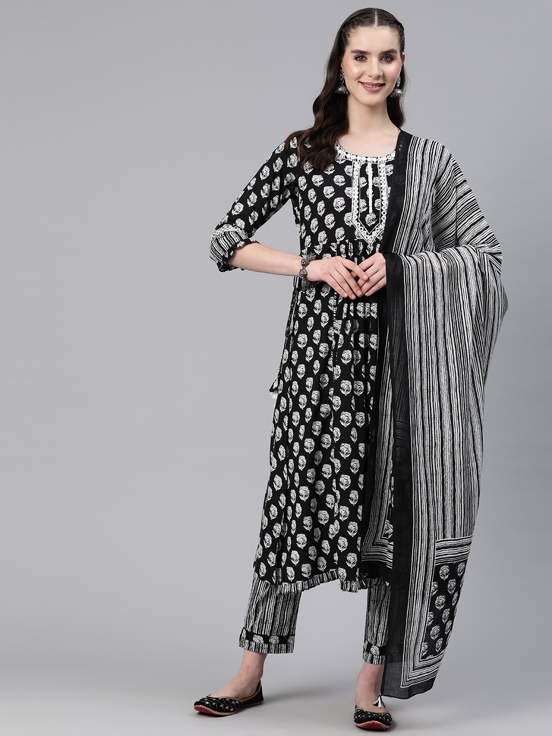 

Readiprint Floral Printed Mirror Work Pure Cotton Kurta with Trousers & Dupatta, Black