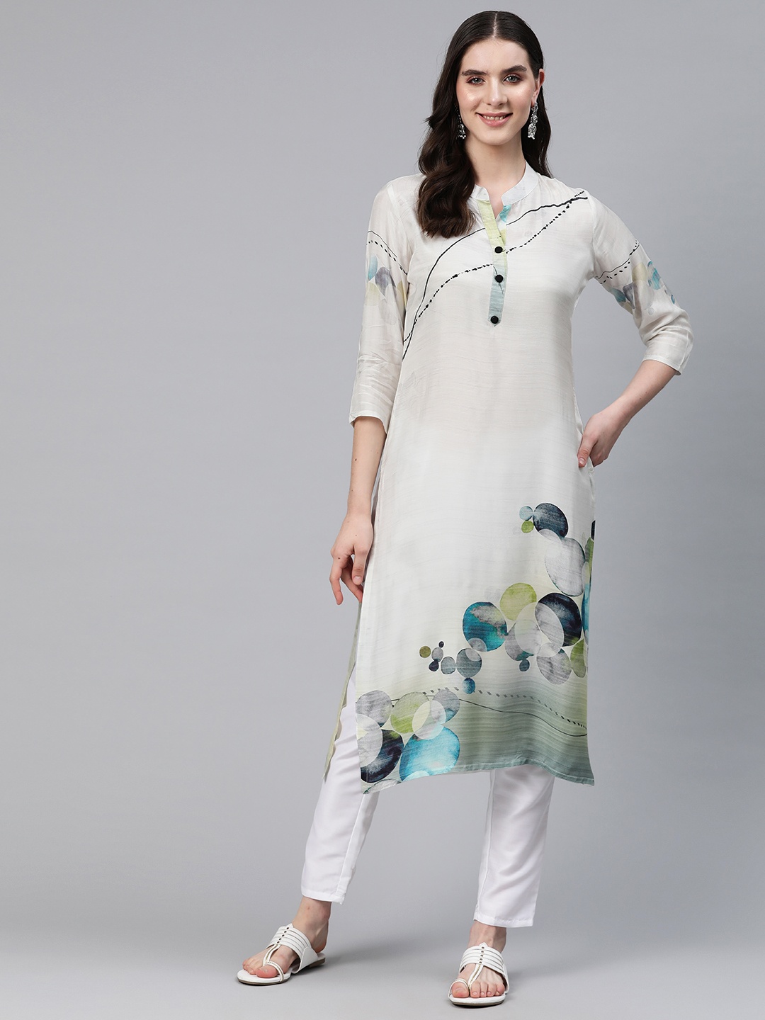 

Readiprint Fashions Geometric Printed Mandarin Collar Kurta, White