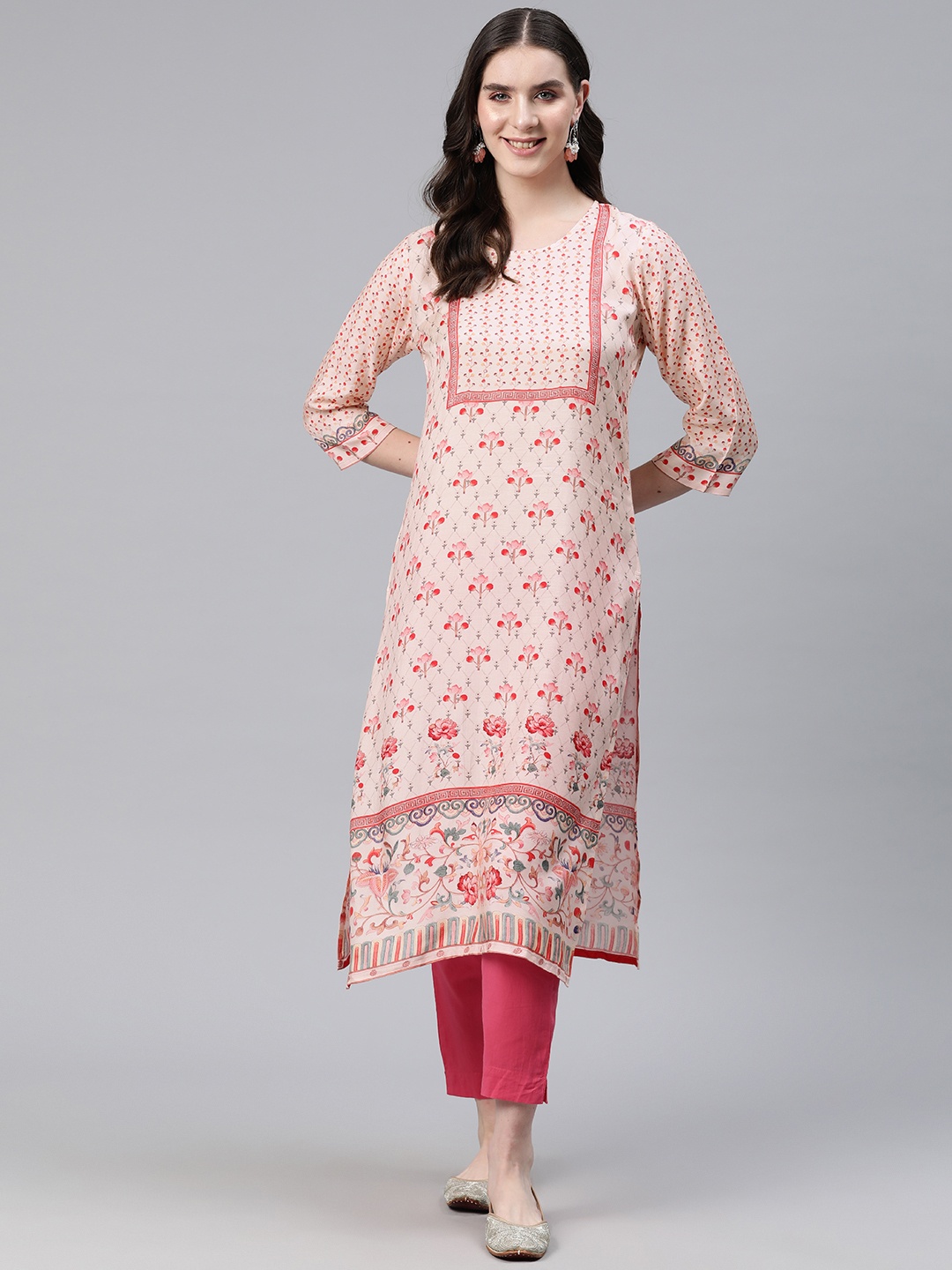 

Readiprint Floral Printed Sequinned Kurta, Peach