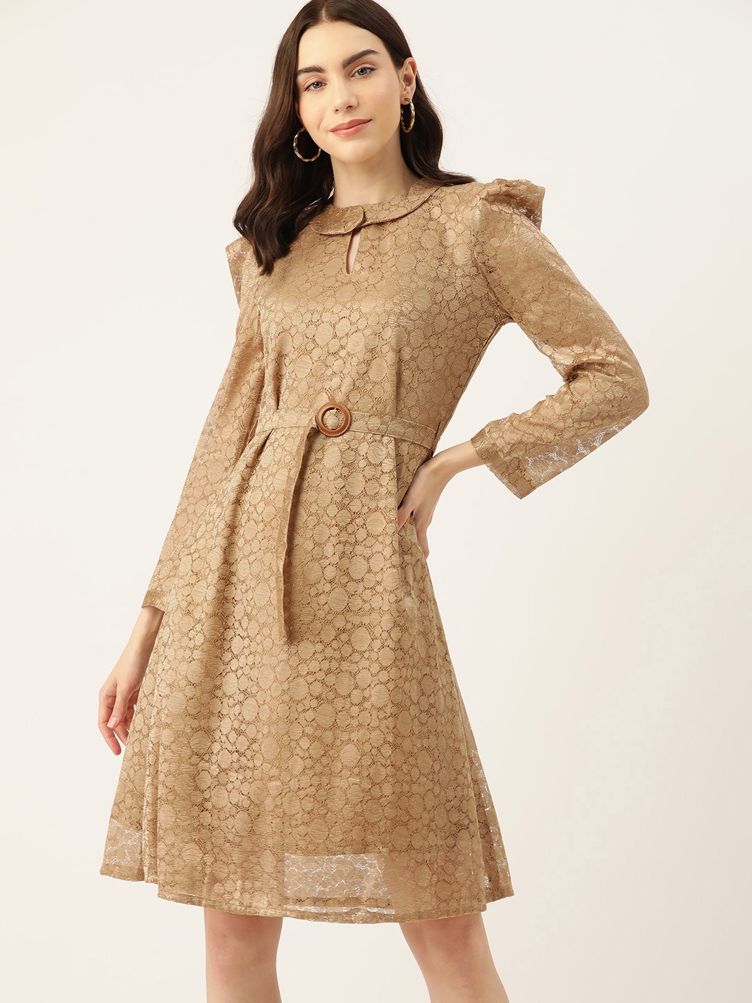 

DressBerry Peter Pan Collar Puff Sleeves Fit & Flare Dress with Belt, Brown