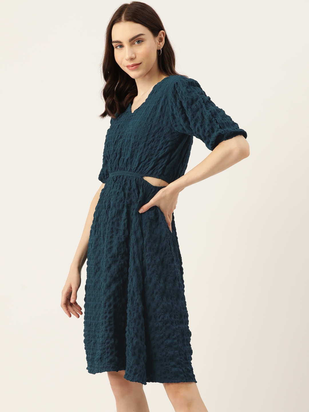

DressBerry Puff Sleeve Fit & Flare Dress with Cut-Out Detail, Teal