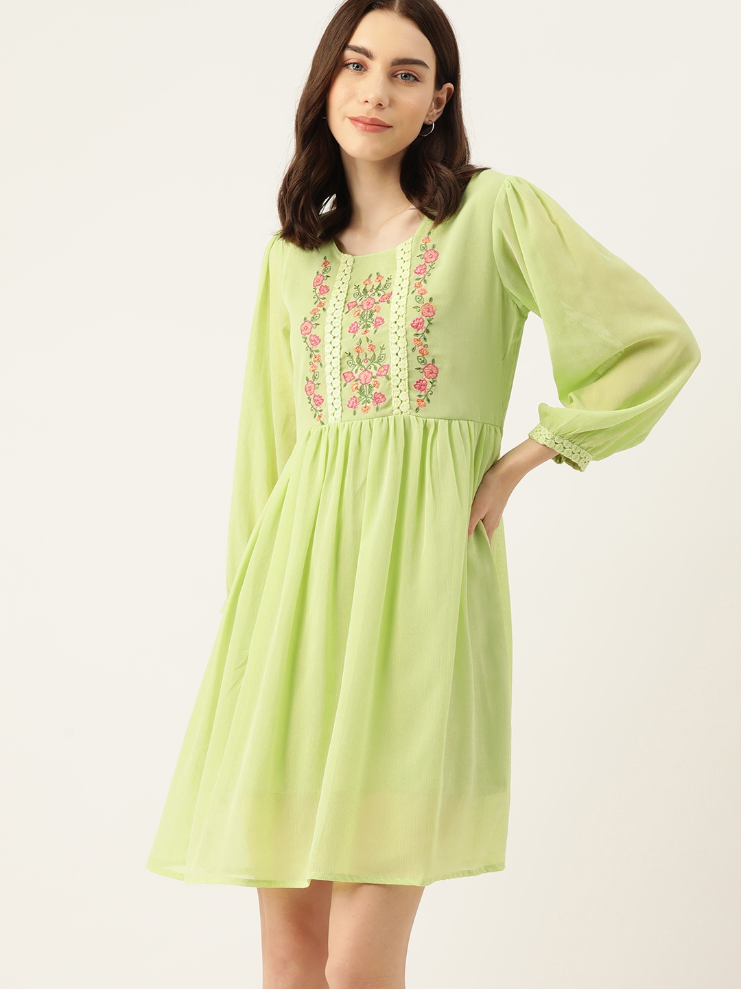 

DressBerry Floral Embroidered Schiffli Puff Sleeves Chiffon A-Line Dress, Green