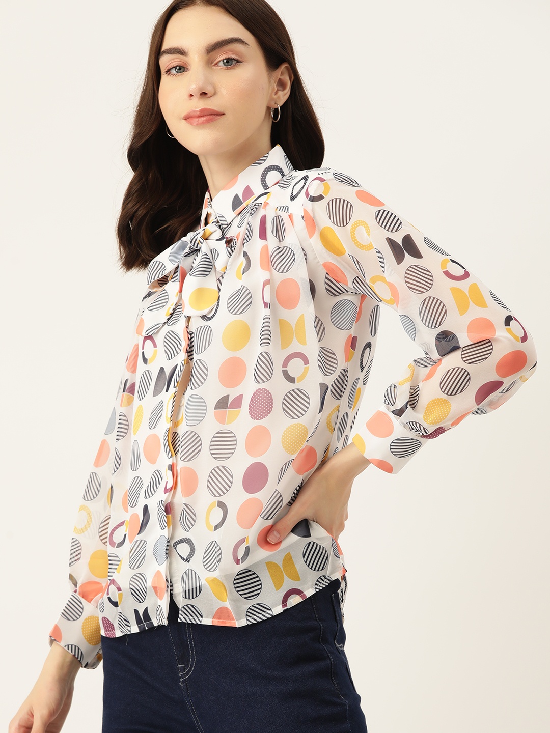 

DressBerry Geometric Printed Georgette Shirt Style Top, White