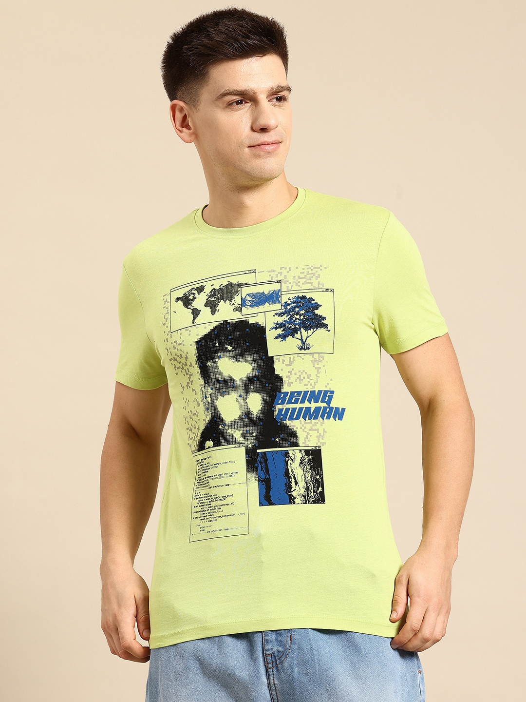 

Being Human Printed Pure Cotton T-shirt, Lime green