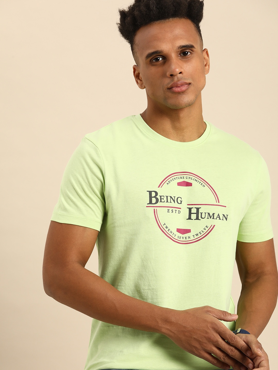 

Being Human Brand Logo Printed Pure Cotton Casual T-shirt, Green