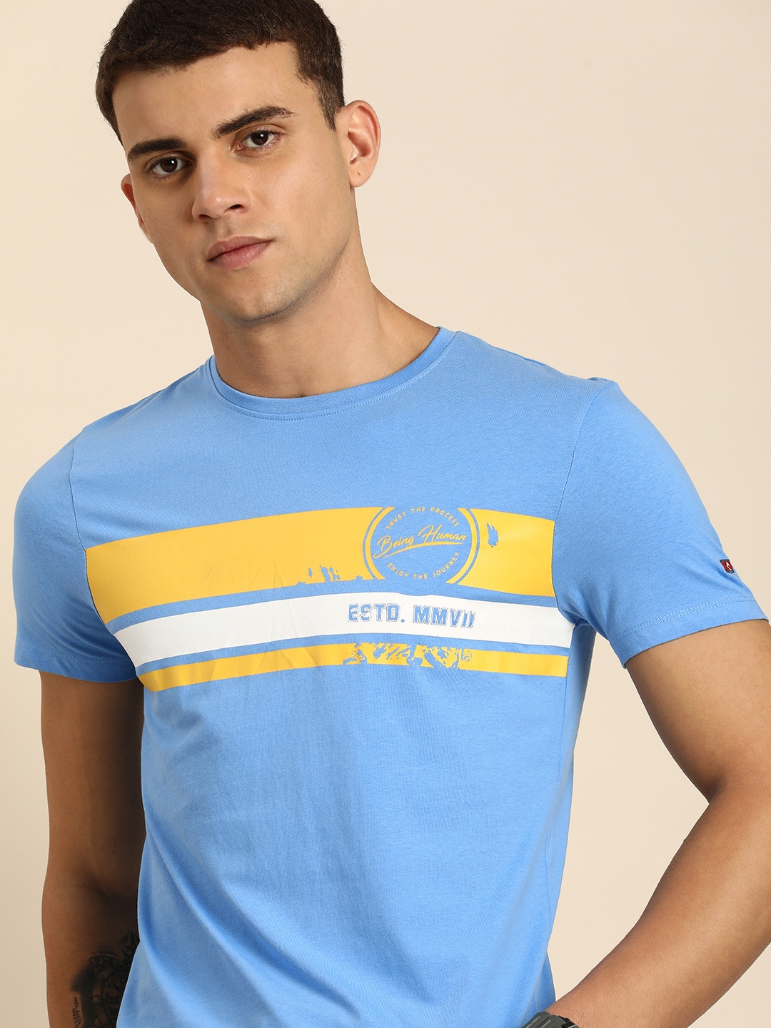 

Being Human Striped Pure Cotton T-shirt, Blue