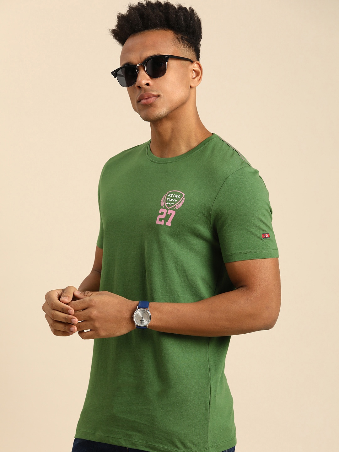 

Being Human Pure Cotton Brand Logo Printed Casual T-shirt, Green