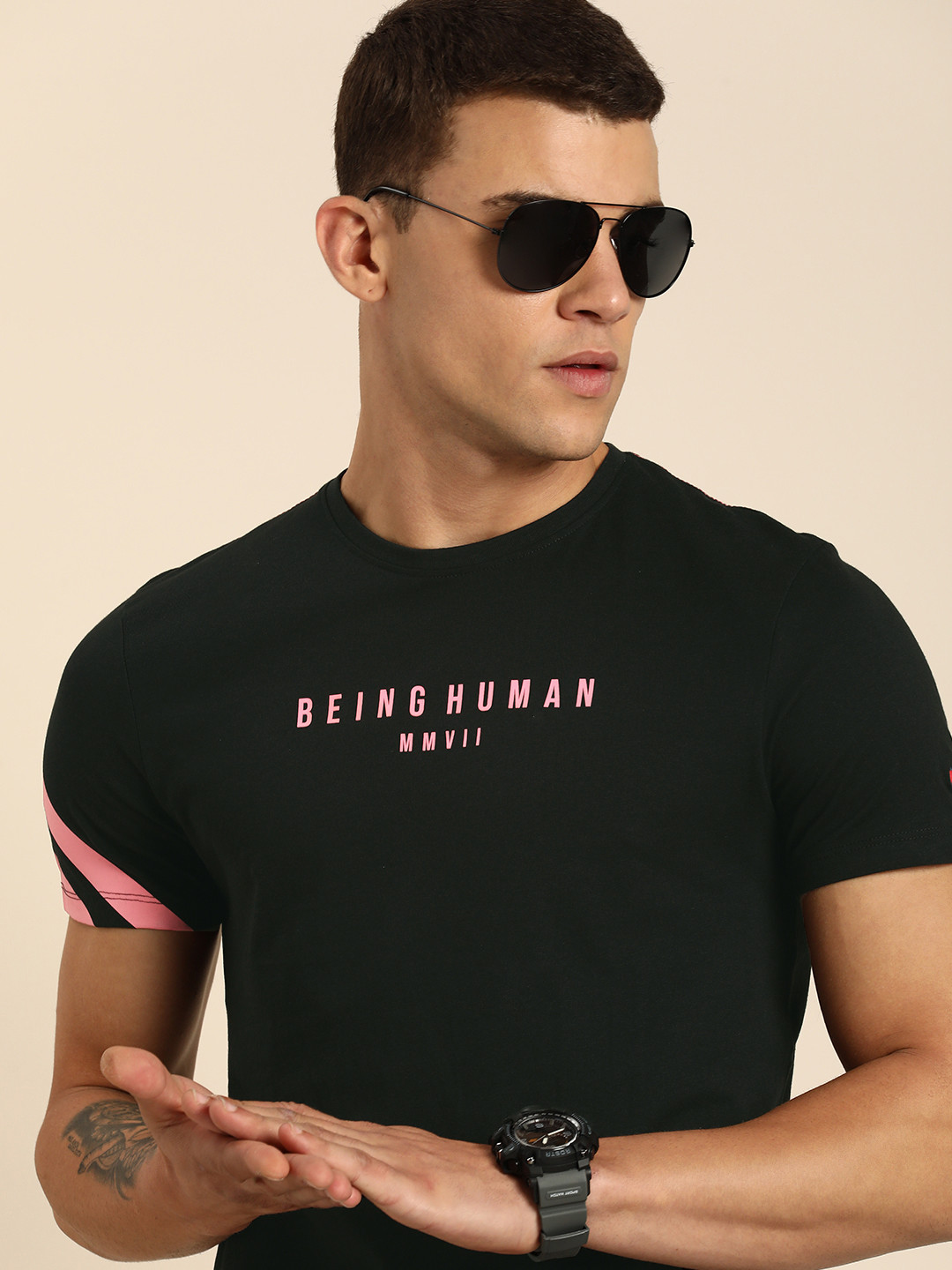 

Being Human Pure Cotton T-shirt with Printed Detail, Black