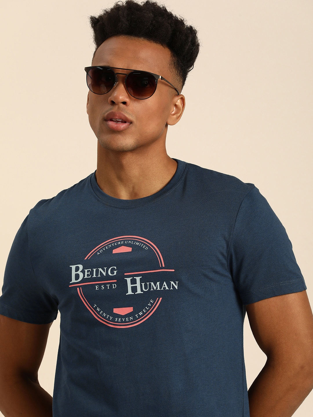 

Being Human Pure Cotton Brand Logo Printed Casual T-shirt, Navy blue