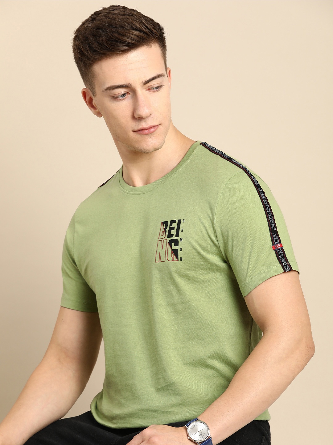 

Being Human Pure Cotton Brand Logo Printed Casual T-shirt, Green